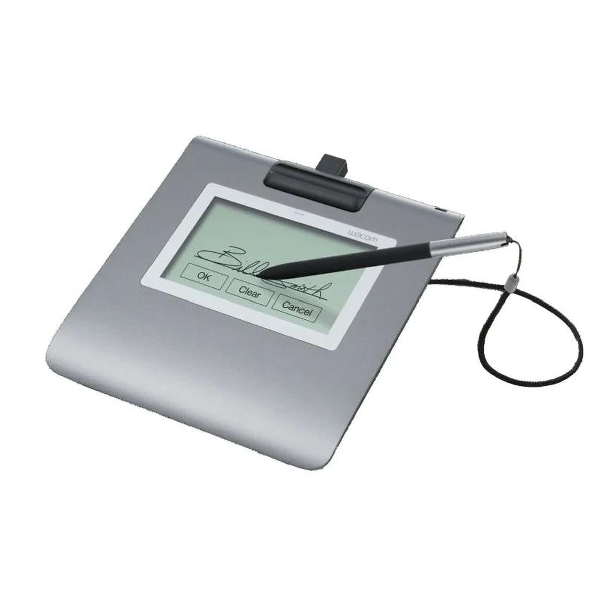 Un pad di firma Wacom argentato mostra una firma scritta a mano. Una penna è sullo schermo. Pulsanti: OK, Cancella e Annulla.