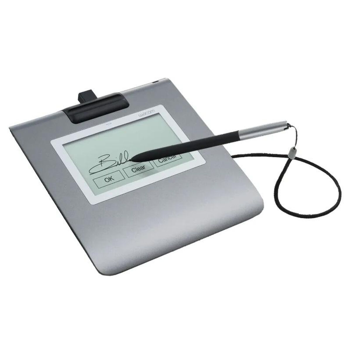 Un pad di firma Wacom argentato con stilo. Il pad visualizza una firma che dice 'Bill'. Pulsanti per 'OK', 'Clear' e 'Annulla'.