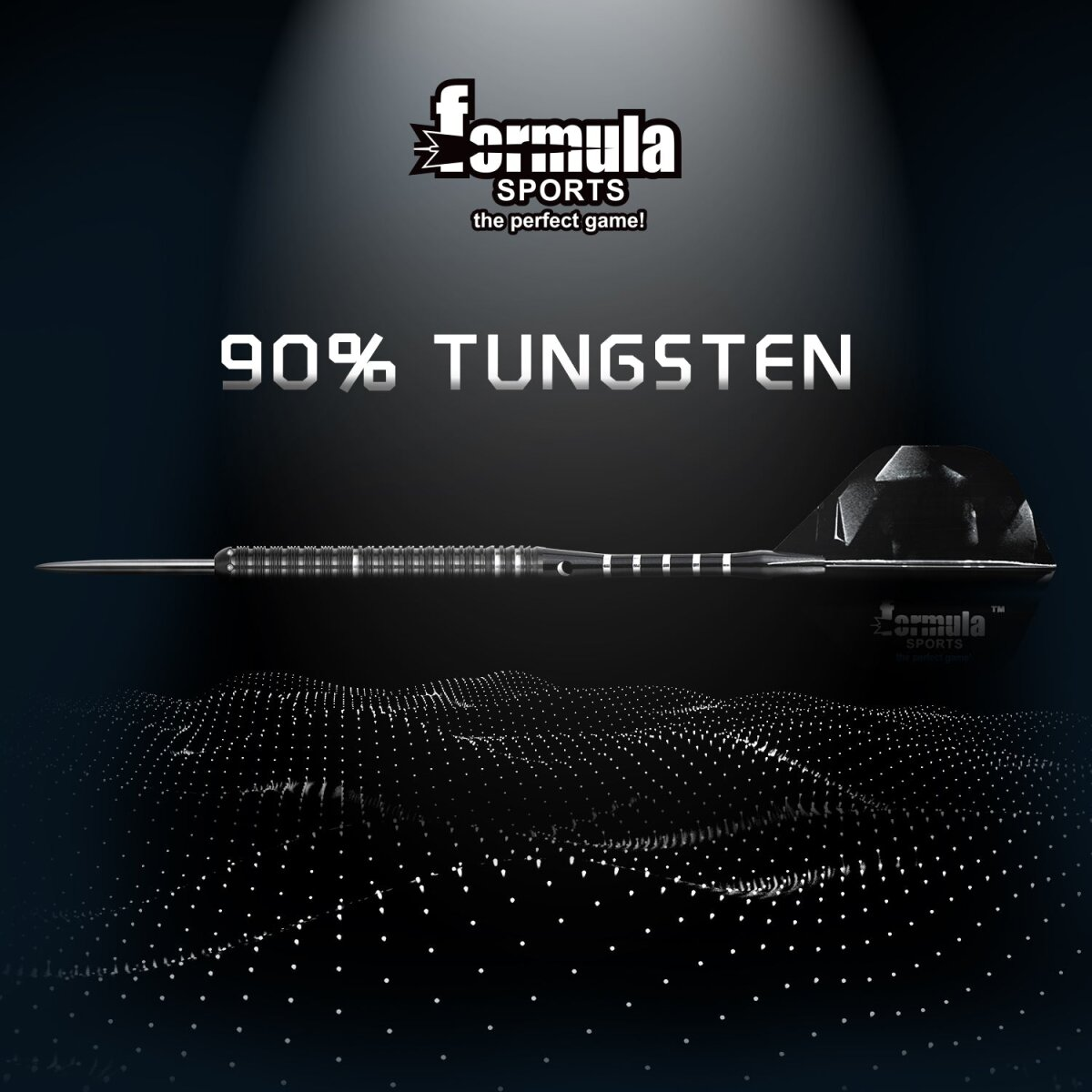Ein Dart mit 90 % Wolfram, Formula Sports Logo und dem Slogan "the perfect game!" auf dunklem Hintergrund.