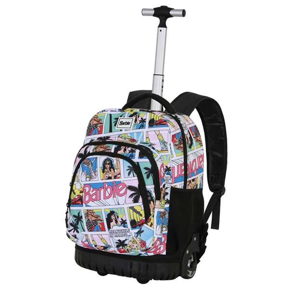 Ein Barbie-Rollrucksack mit Comic-Panels. Er hat einen ausziehbaren Griff, Räder und eine schwarze Basis mit zwei schwarzen Riemen.