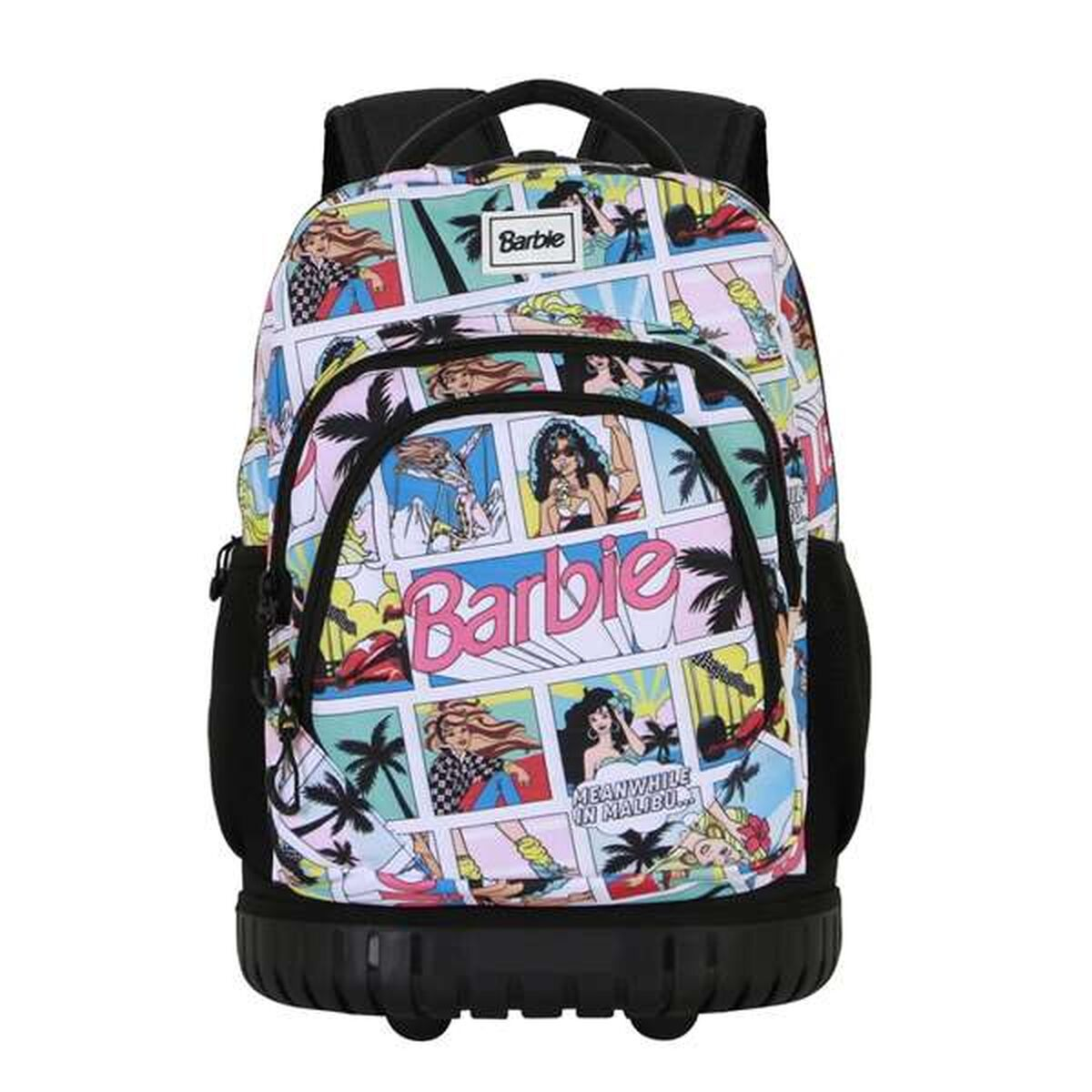 Barbie-Rucksack mit Comic-Panels. Mit Barbie-Logo und Comic-Panels mit Barbie-Illustrationen. Schwarze Details und Räder.