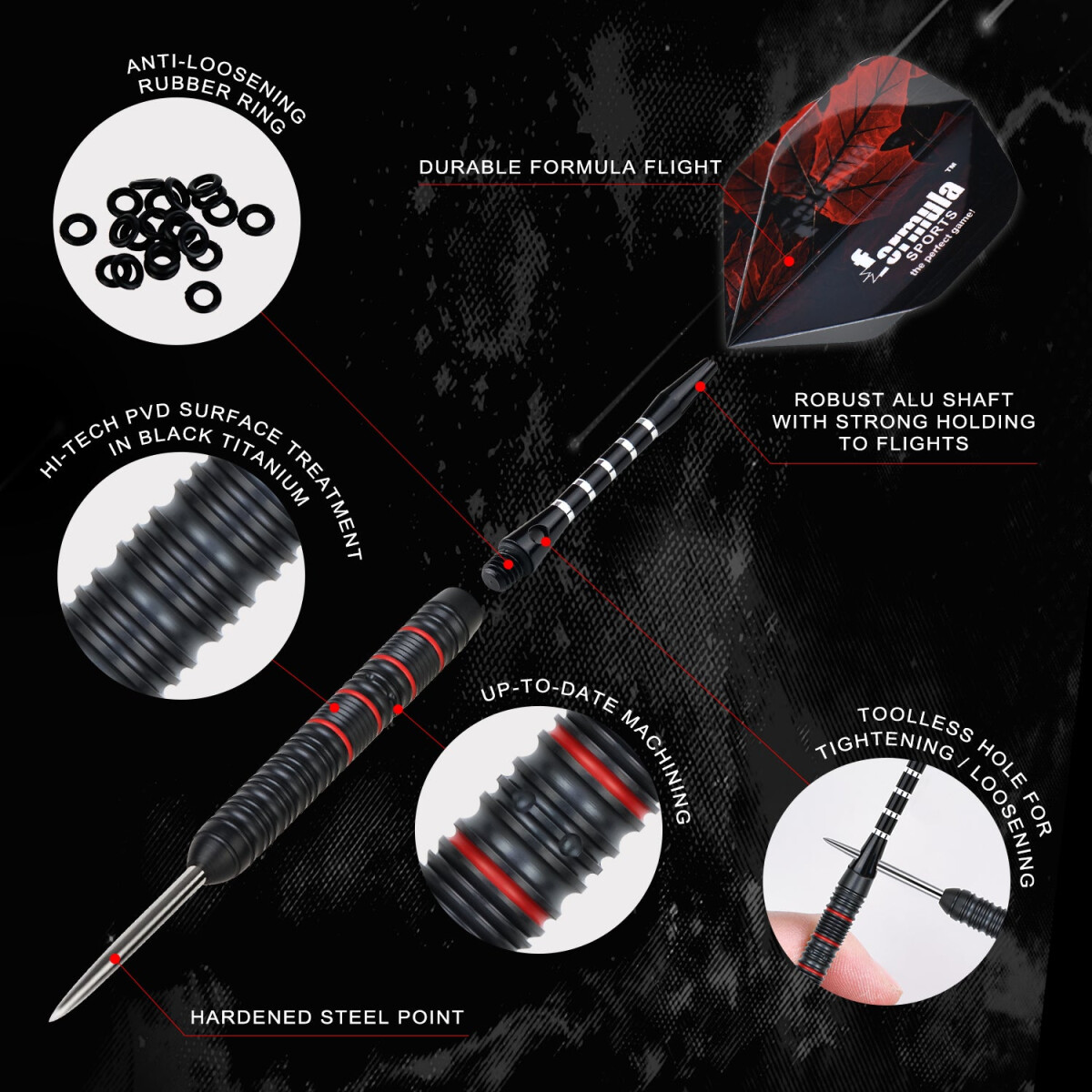 Das Bild zeigt Darts mit schwarzem und rotem Design. Details sind Gummiring, Flight, Schaft und Stahlspitze. Textanmerkungen heben Merkmale hervor.