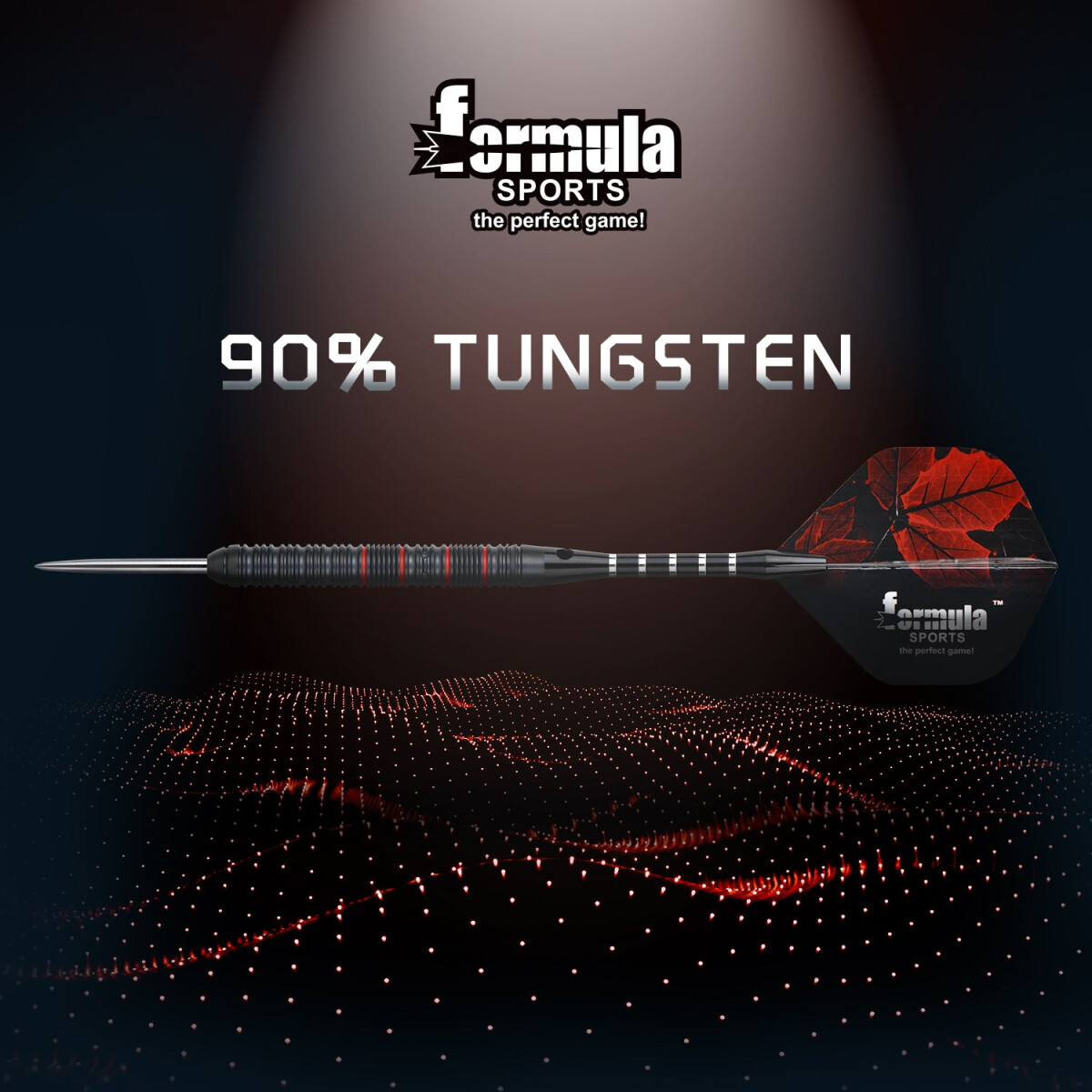 Ein Dart mit schwarzem und rotem Körper, einem Flug mit Blattmuster und dem Text '90% TUNGSTEN'. Das Formula Sports-Logo ist vorhanden.