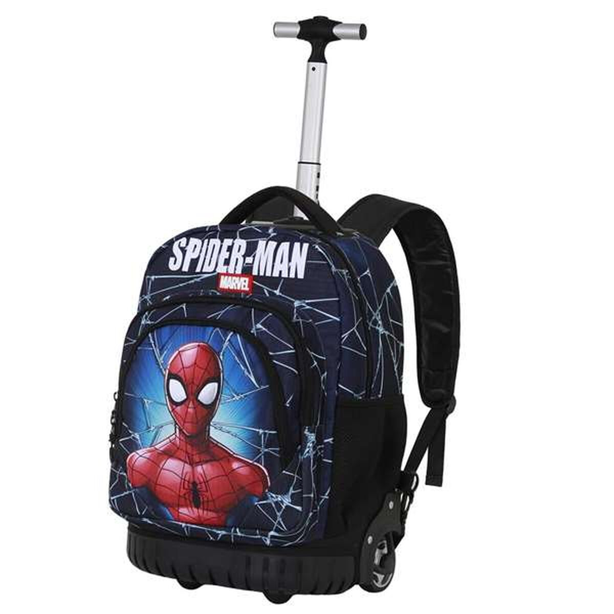 Ein Spider-Man-Rollrucksack. Er hat eine rot-blaue Spider-Man-Grafik auf der Vorderseite, mit Teleskopgriff und Rädern.