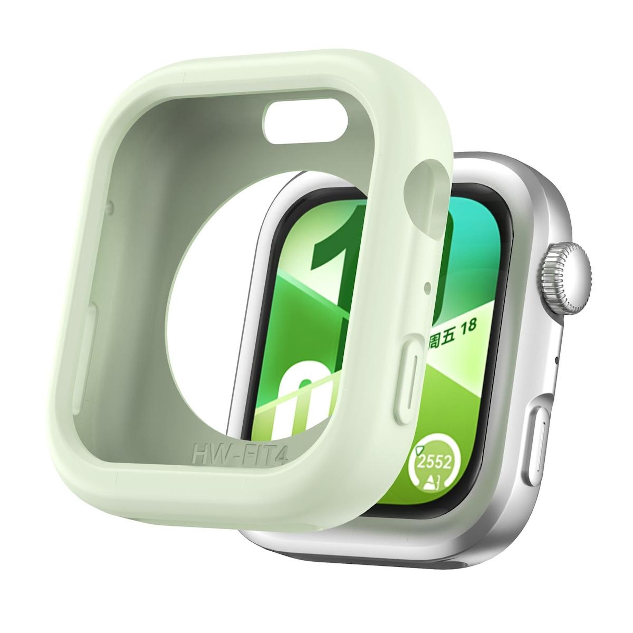 Uno smartwatch argentato con schermo verde, coperto da una custodia protettiva verde chiaro. Mostra numeri e testo cinese.