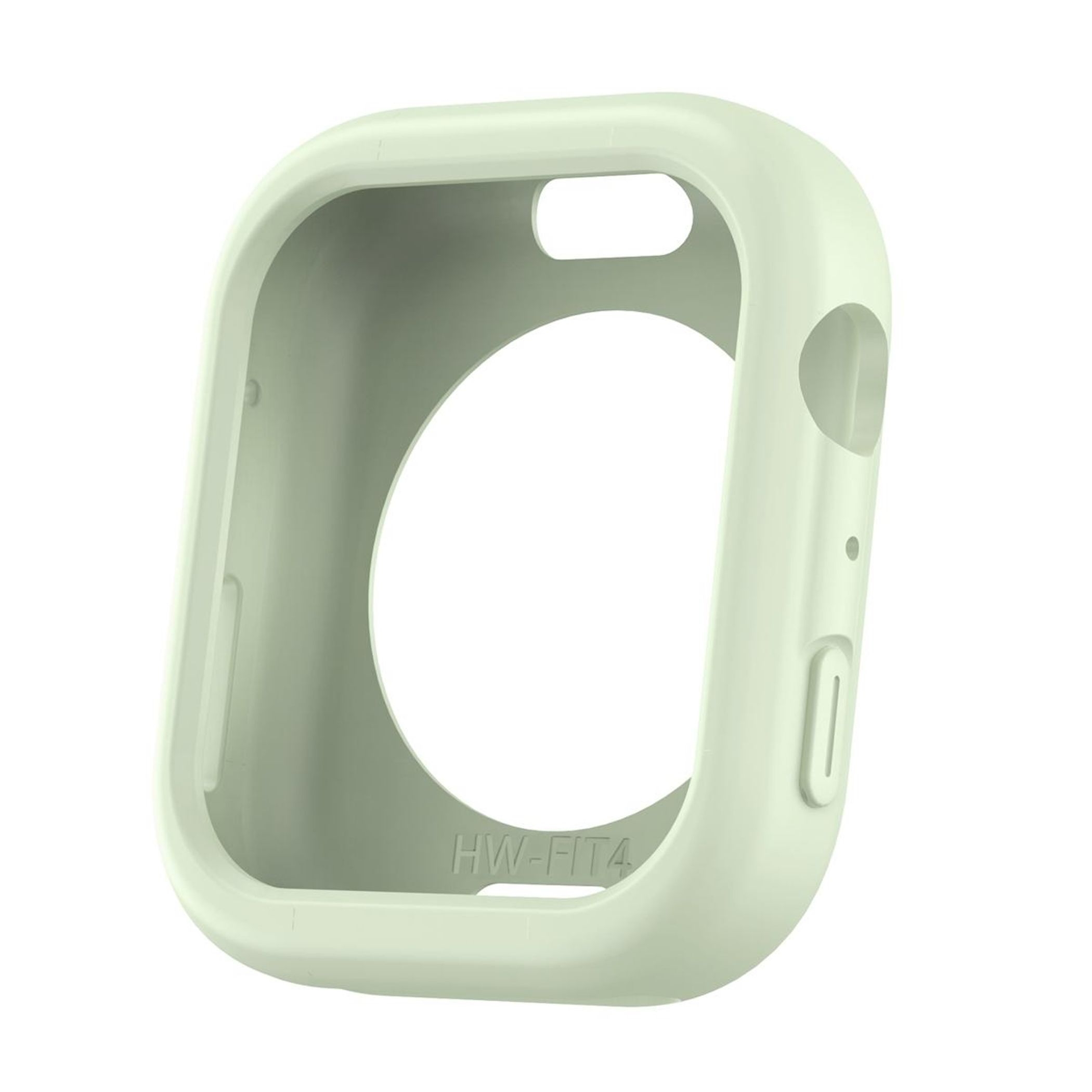 Una custodia per orologio verde chiaro con ritagli. Il testo 'HW-FIT4' è visibile. Lo sfondo è bianco.