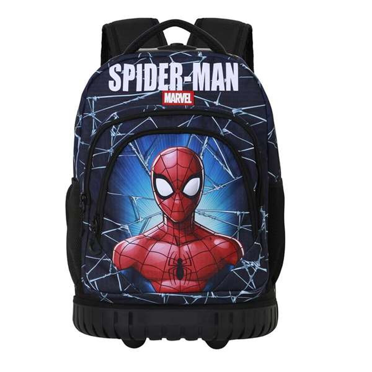 Ein Spider-Man-Rucksack. Er ist blau und hat Spider-Man auf der Vorderseite. Der Text lautet Spider-Man und Marvel.