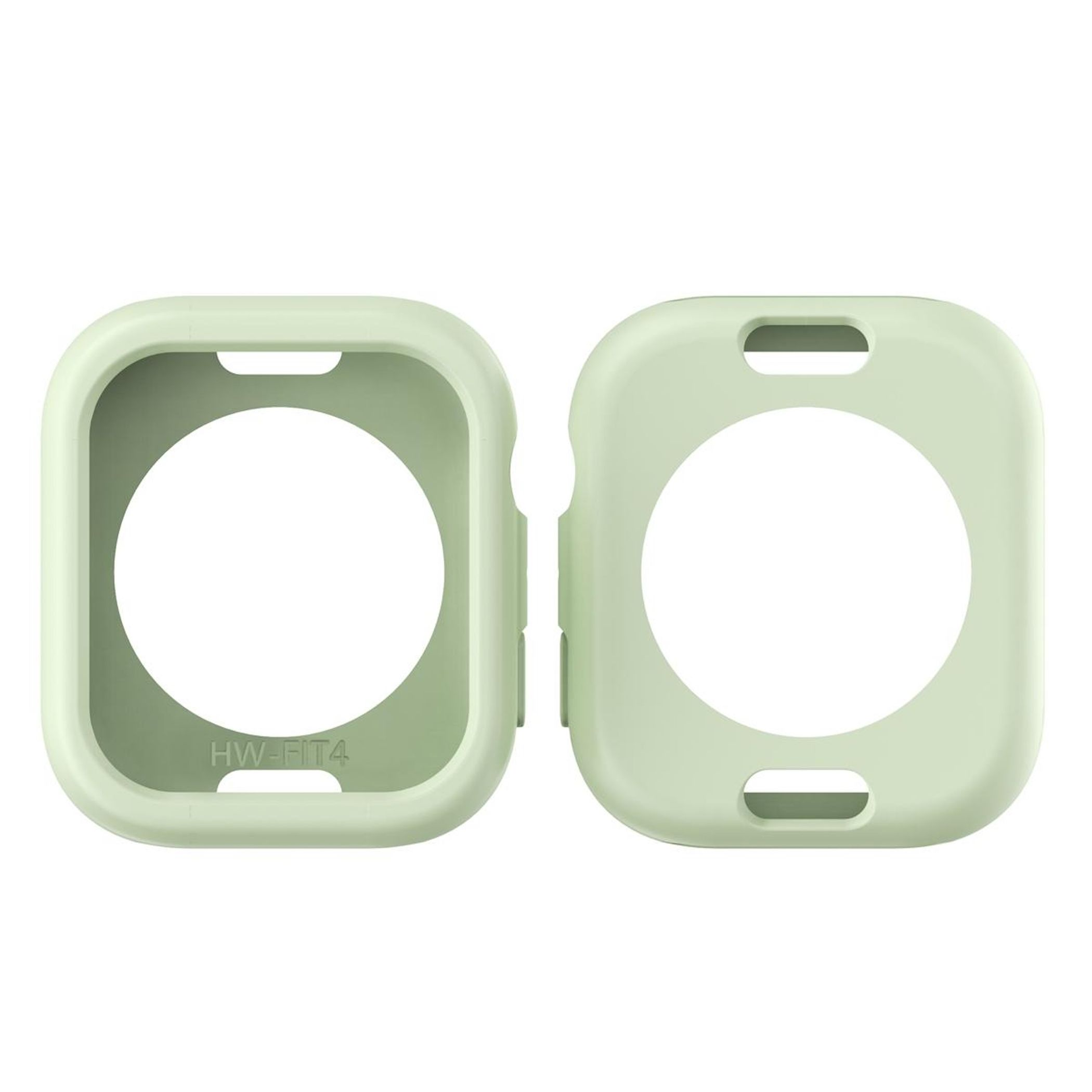 Due custodie per orologi verde chiaro. Ognuna ha una grande apertura circolare. Ritagli rettangolari in alto e in basso.