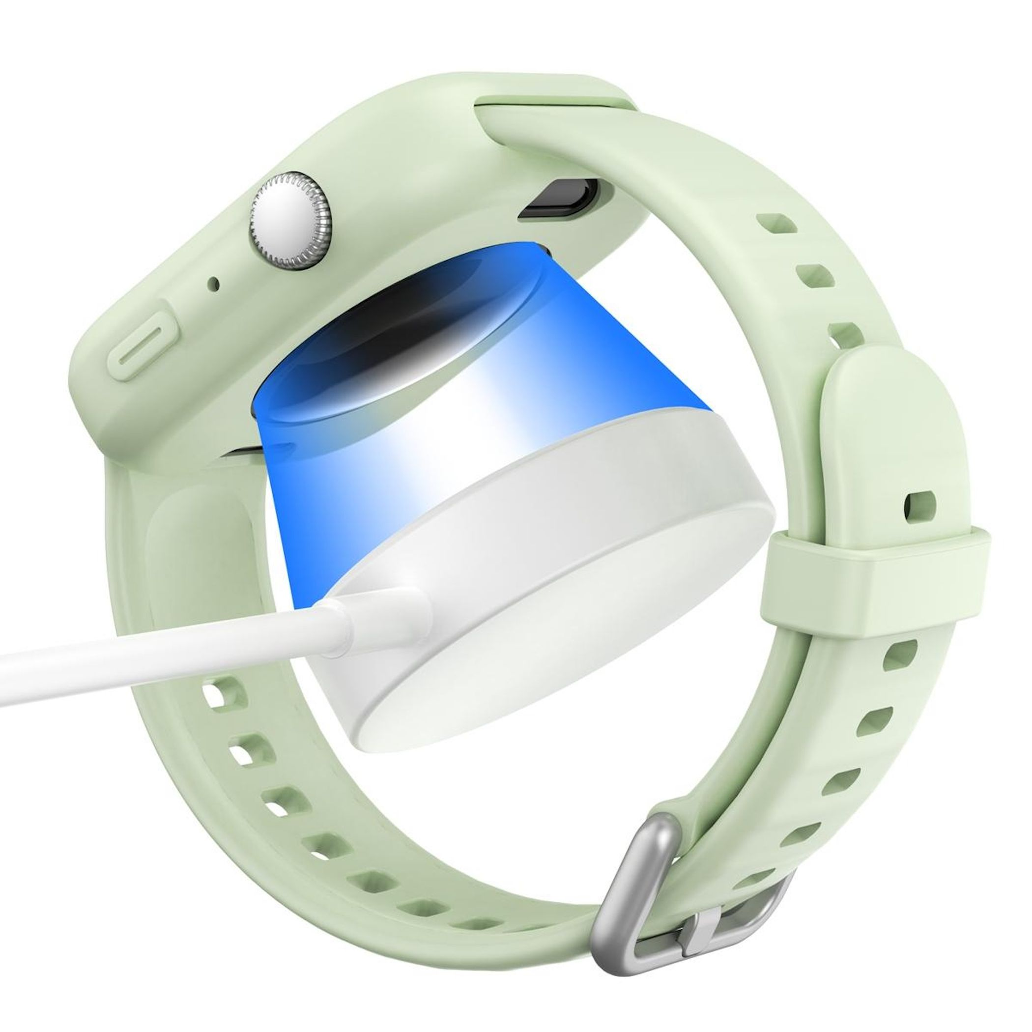 Uno smartwatch verde menta con base di ricarica. Il cinturino è collegato e il caricatore è bianco e blu.