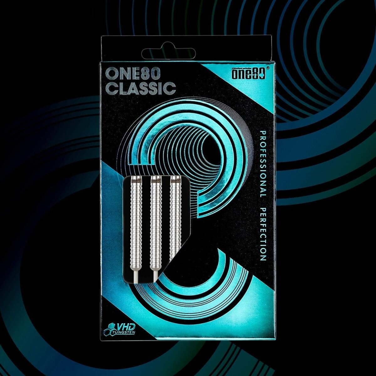Eine Packung ONE80 Classic Darts. Die Schachtel ist schwarz und teal, mit einem Spiraldesign. Drei silberne Darts sind sichtbar.
