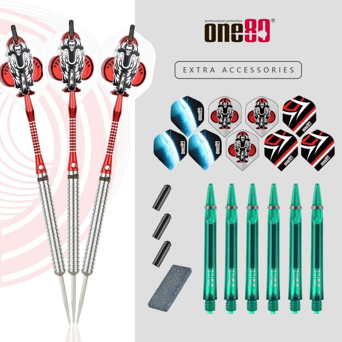 Das Bild zeigt ein Dartset mit Darts, Flights, Schäften und Zubehör. Die Darts haben rote und silberne Details.