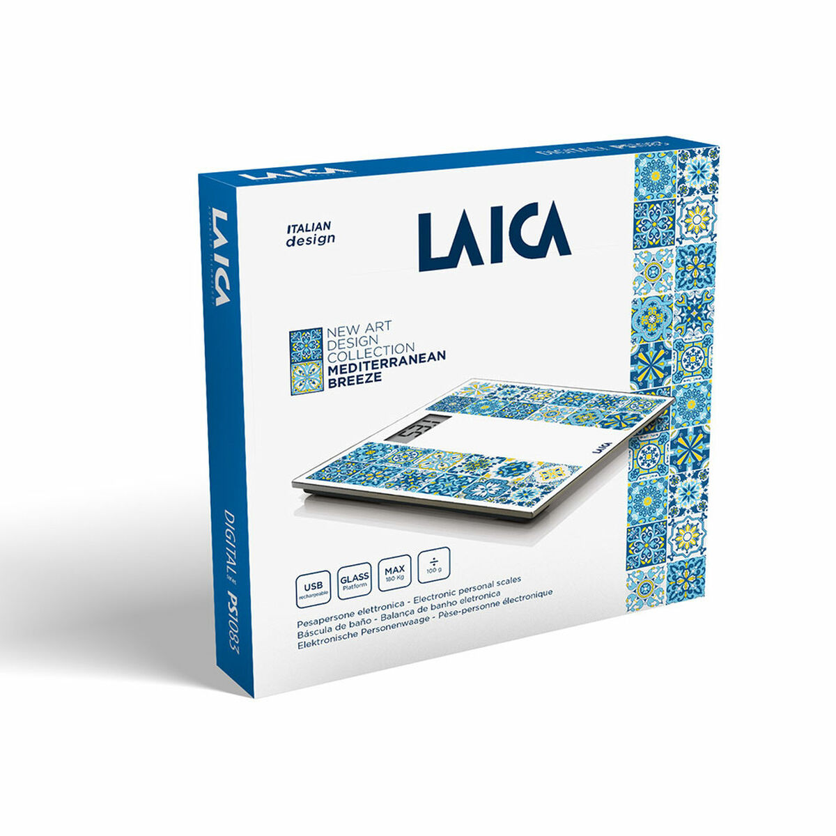 Eine Schachtel mit einer digitalen Laica-Badezimmerwaage. Sie hat ein weißes und blaues Muster. Die Box zeigt Produktdetails und Branding.