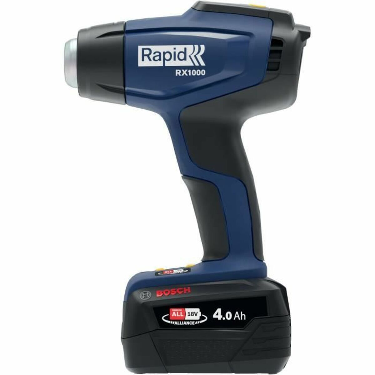 Una pistola termica Rapid RX1000 blu e nera con batteria Bosch 18V 4.0Ah. Su sfondo bianco.