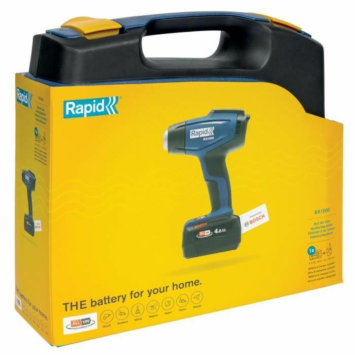 Una pistola ad aria calda Rapid RX1000 nella sua scatola. La scatola è gialla con un coperchio nero. Ha il logo Bosch.