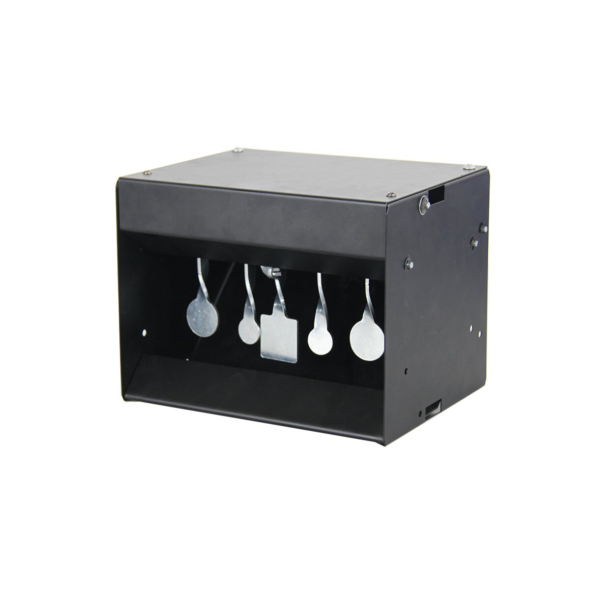 A black metal shooting target box with five silver targets hanging inside. White background.