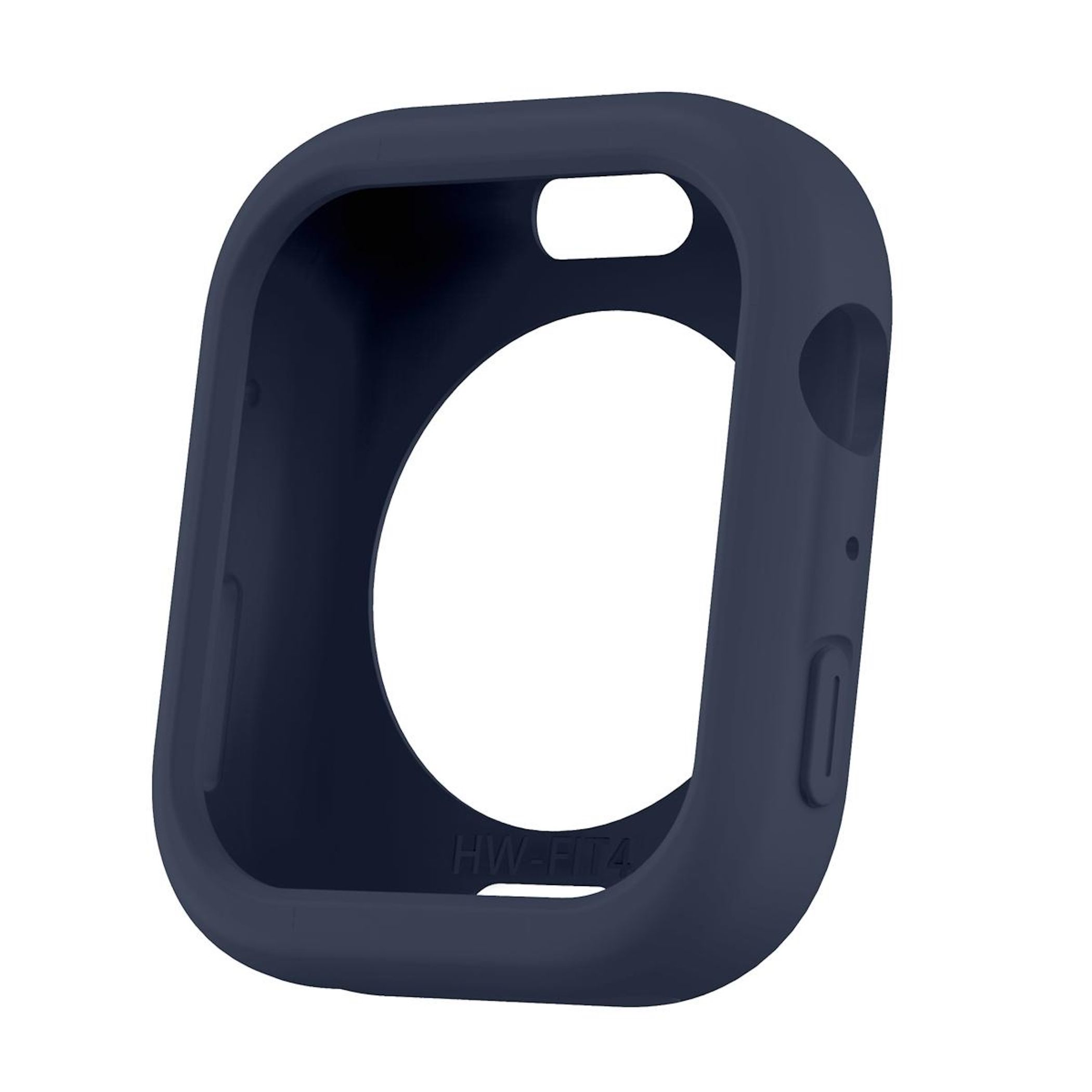Una custodia blu navy per Apple Watch. Ha ritagli per schermo e pulsanti. Il marchio è HW-FIT4.