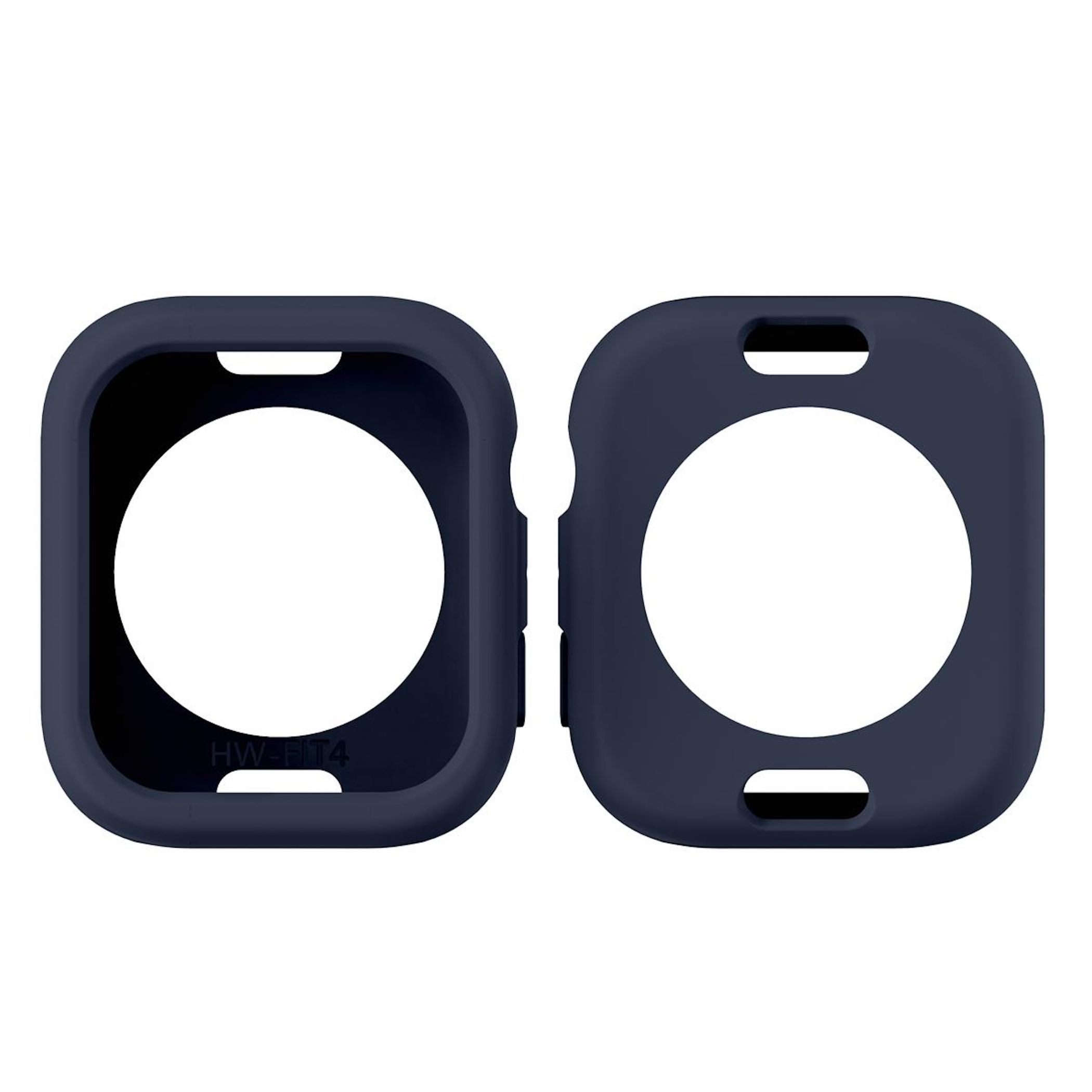 Due custodie per orologi blu navy. Ognuna ha una grande apertura circolare. Quella a sinistra ha scritto 'HW-FIT4'.