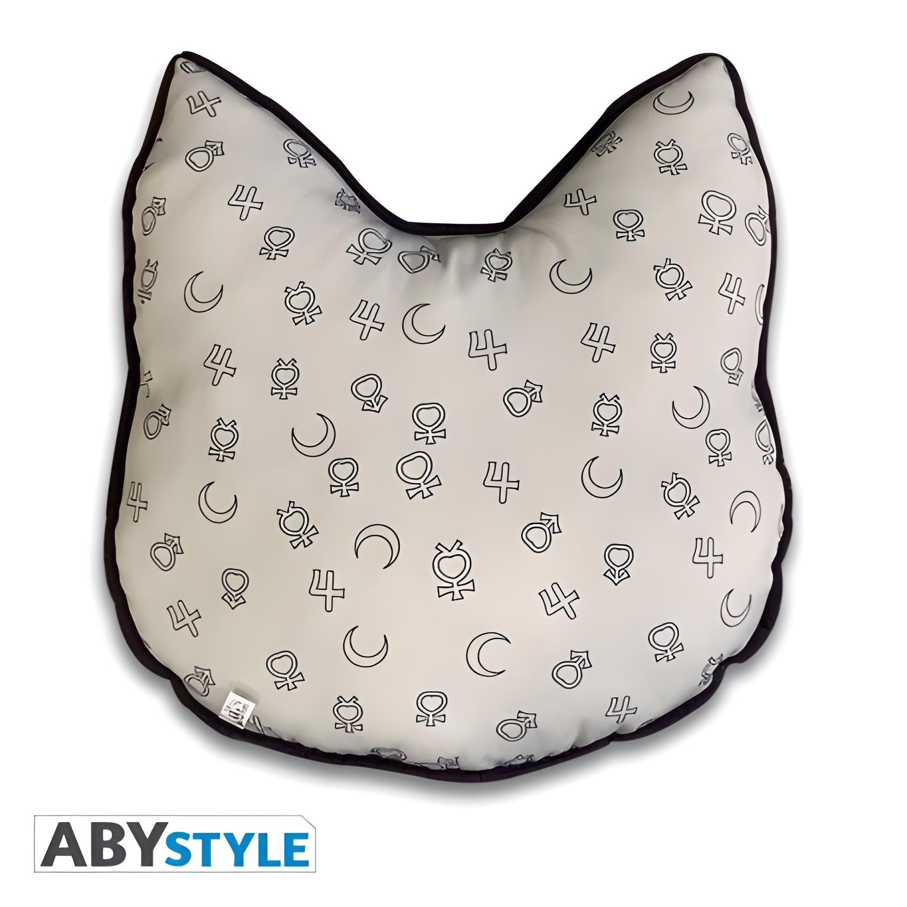Katzenförmiges Kissen mit schwarzem Umriss, cremefarbenem Hintergrund, schwarzen Symbolen. ABYstyle-Logo.