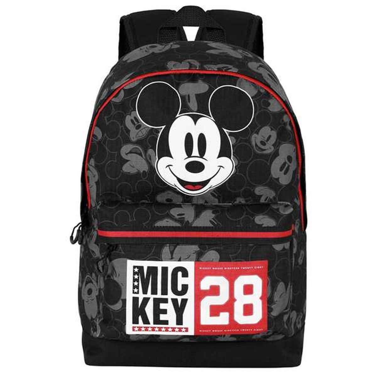 Schwarzer Mickey Mouse Rucksack mit Mickey's Gesicht, 'MICKEY 28' Text und Mickey Mouse Muster.