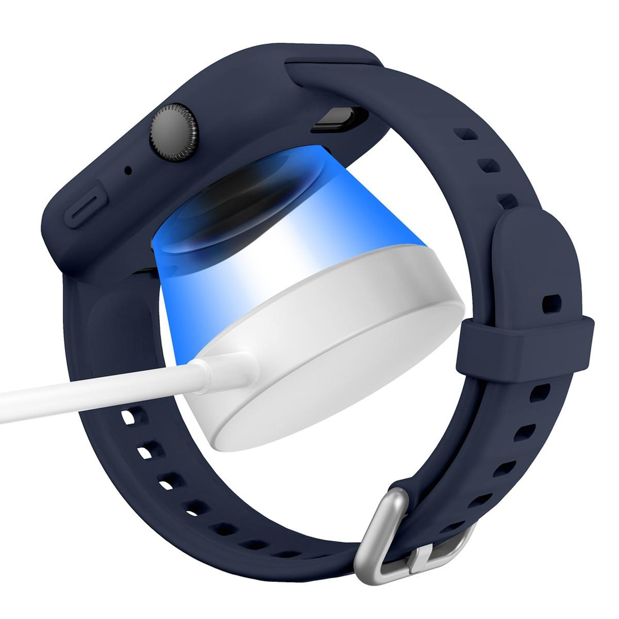 Uno smartwatch blu navy con base di ricarica. Il cinturino è collegato all'orologio. Cavo caricatore bianco inserito.