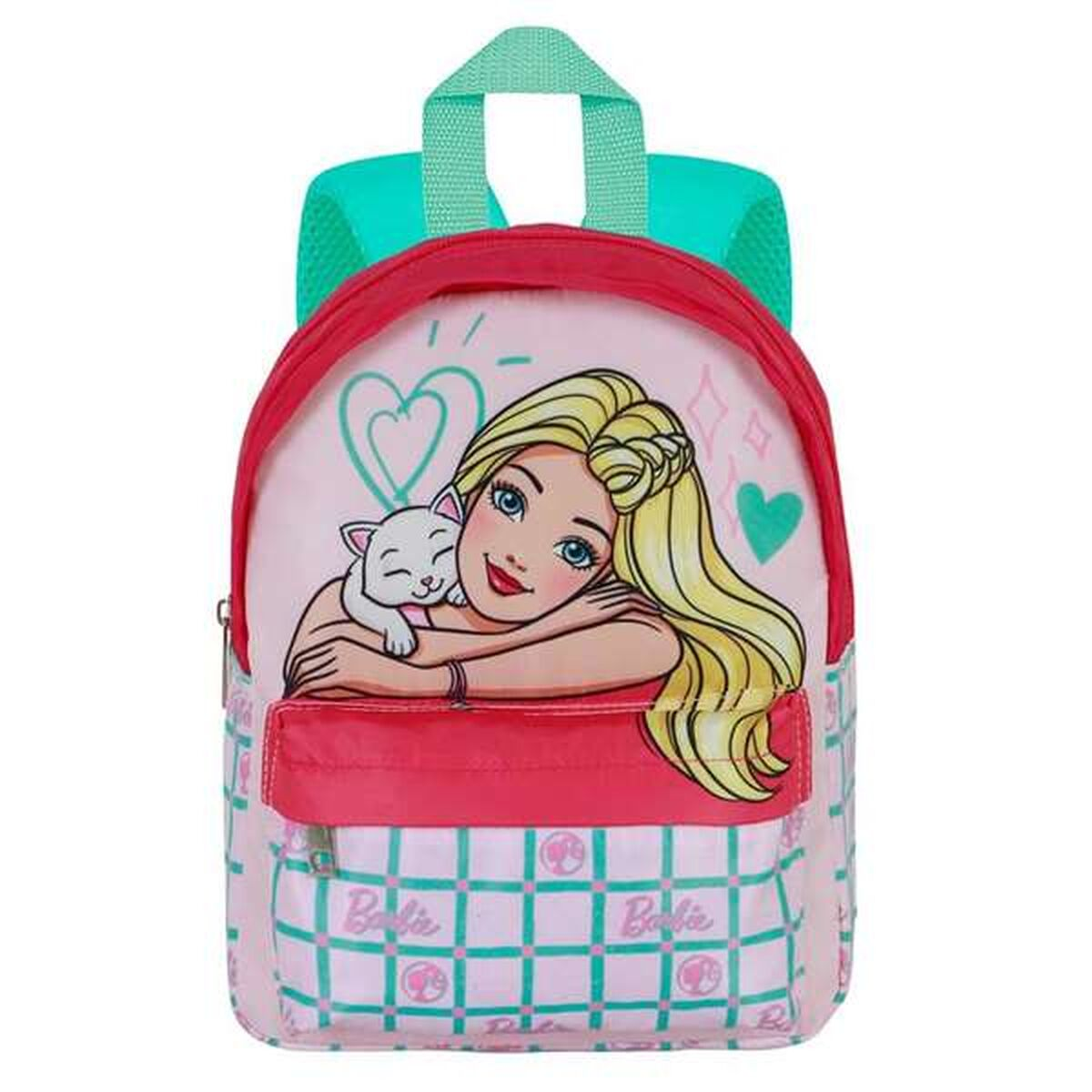 Ein pinkfarbener Barbie-Rucksack mit einem Cartoon-Barbie, die eine weiße Katze umarmt. Er hat einen roten oberen Teil und eine Tasche sowie einen türkisfarbenen Griff.