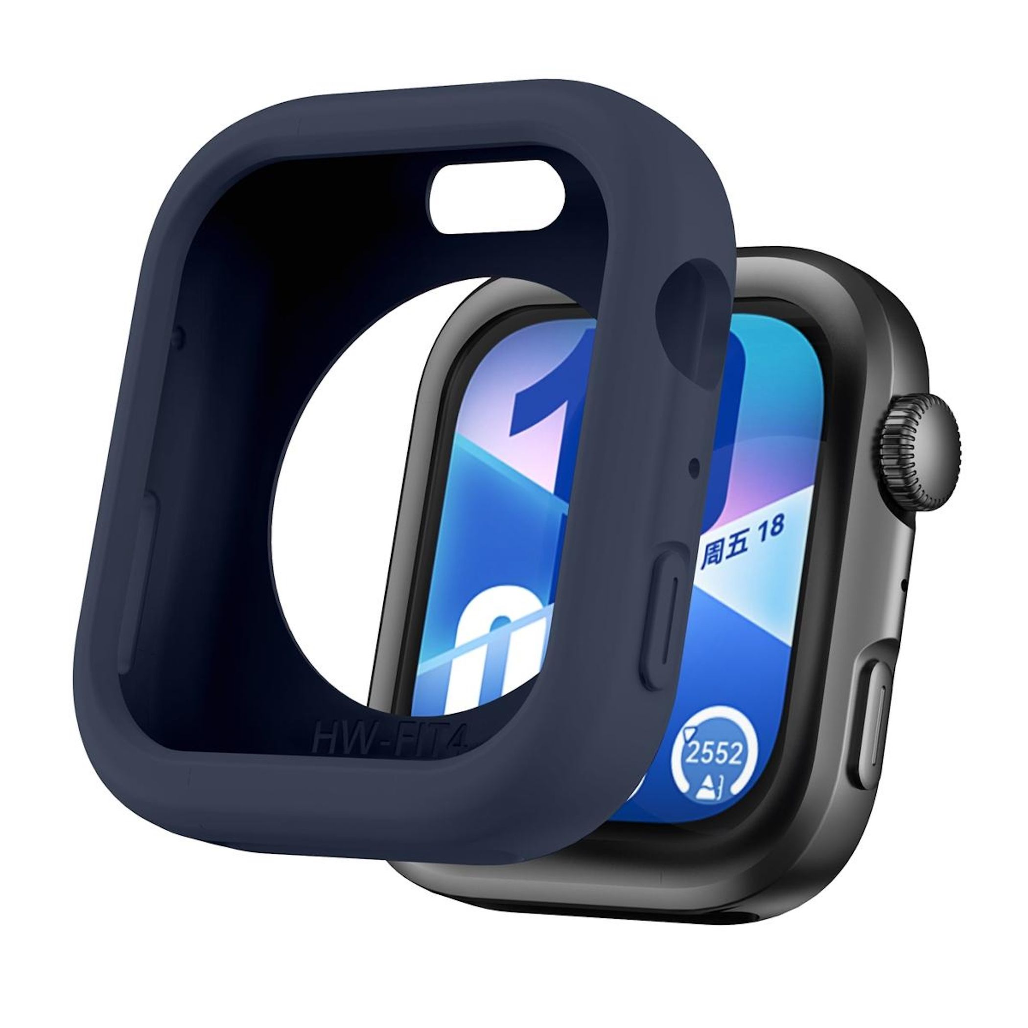 Una custodia blu scuro sopra uno smartwatch nero che mostra un display blu con caratteri cinesi.