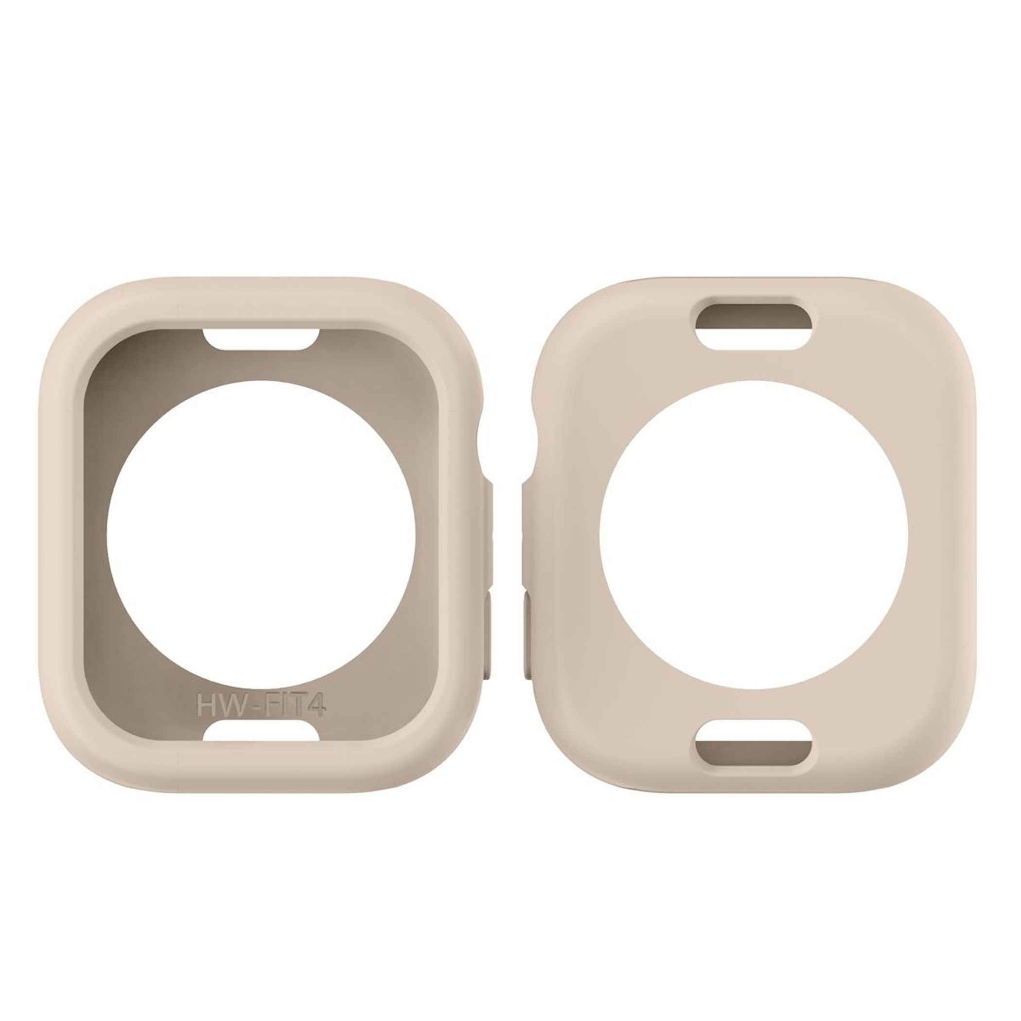 Due custodie per orologi beige. Ognuna ha una grande apertura centrale e ritagli più piccoli. Una ha il testo 'HW-FIT4'.