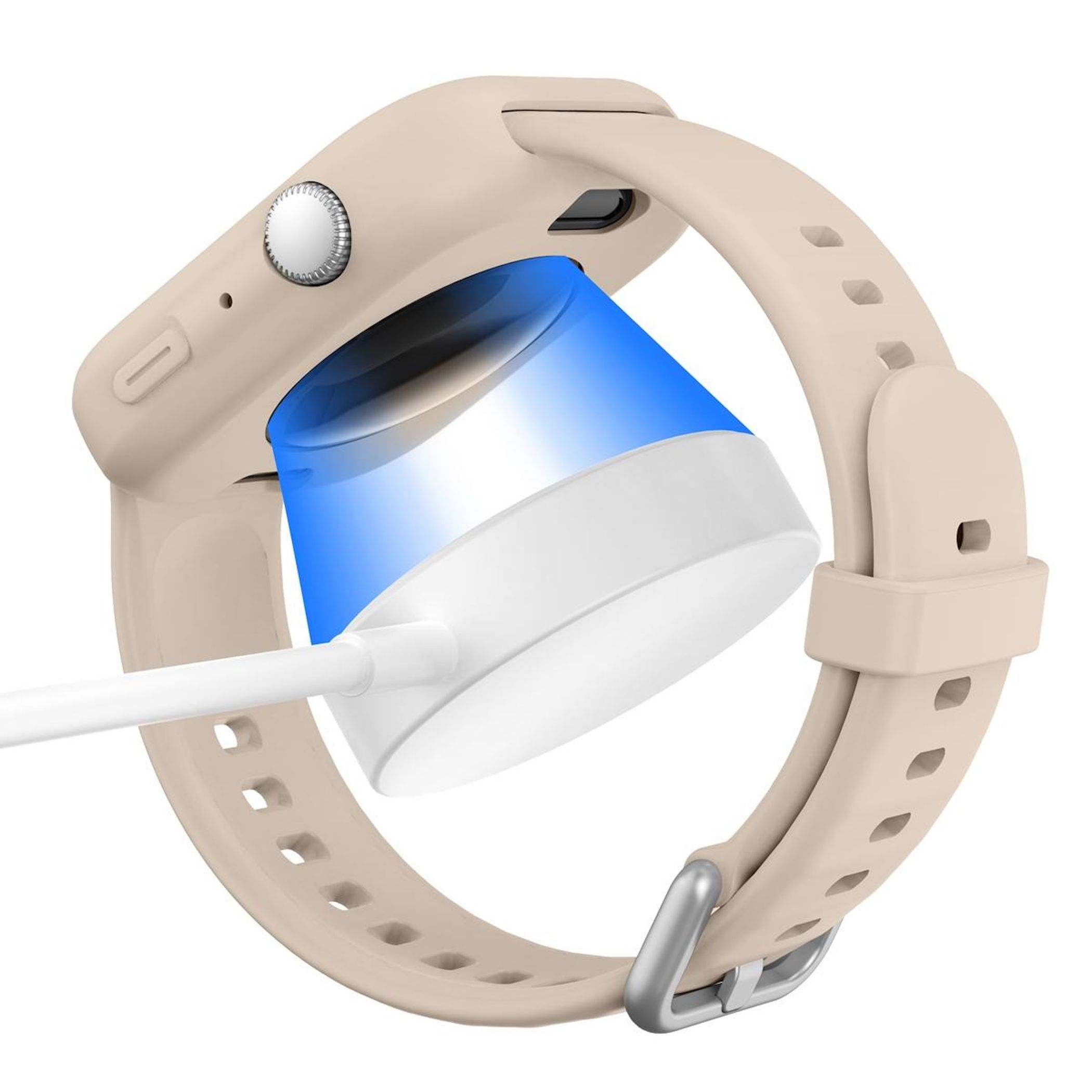 Smartwatch beige su una base di ricarica bianca. Un cavo bianco è collegato. L'orologio è su sfondo bianco.