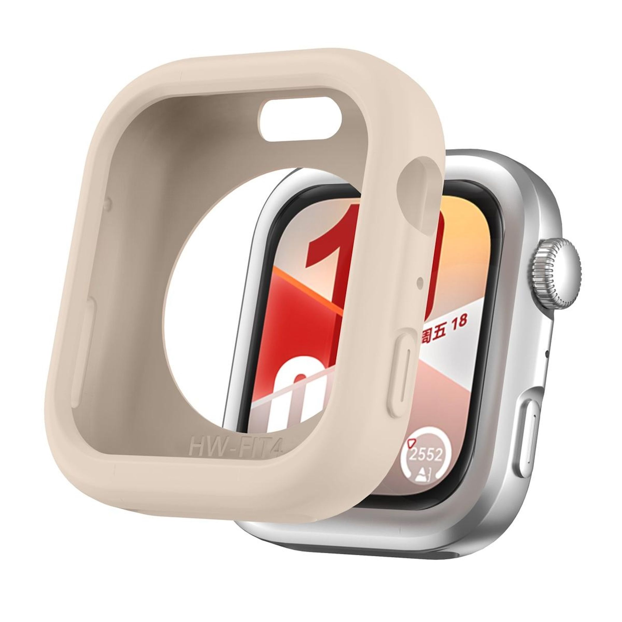 Un Apple Watch e una custodia protettiva. Il quadrante mostra un 1 rosso. La custodia è beige.