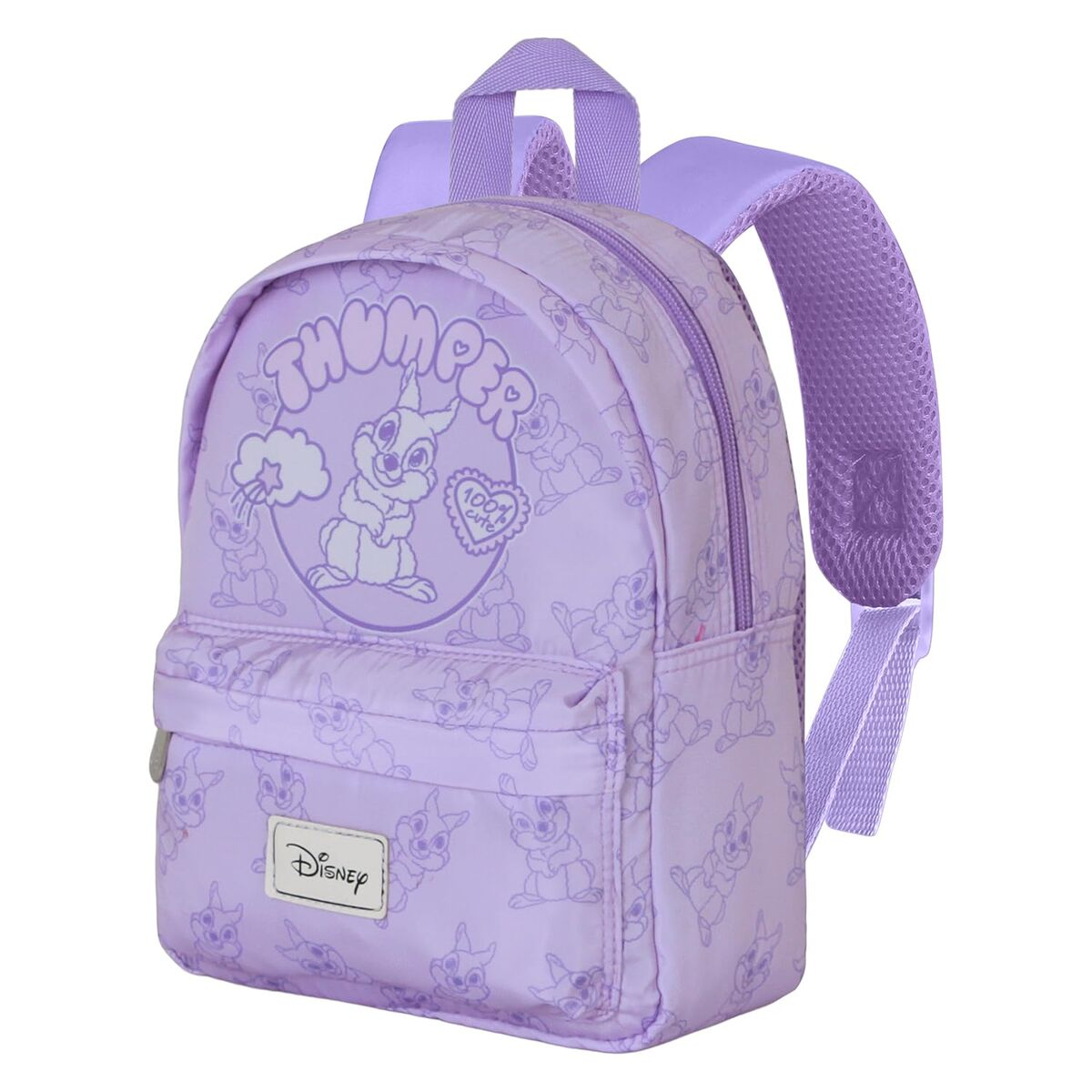 Ein lila Rucksack mit Thumper von Bambi. Er hat eine Thumper-Grafik und das 'Disney'-Logo. Die Tasche hat eine kleine Tasche und zwei Schultergurte.