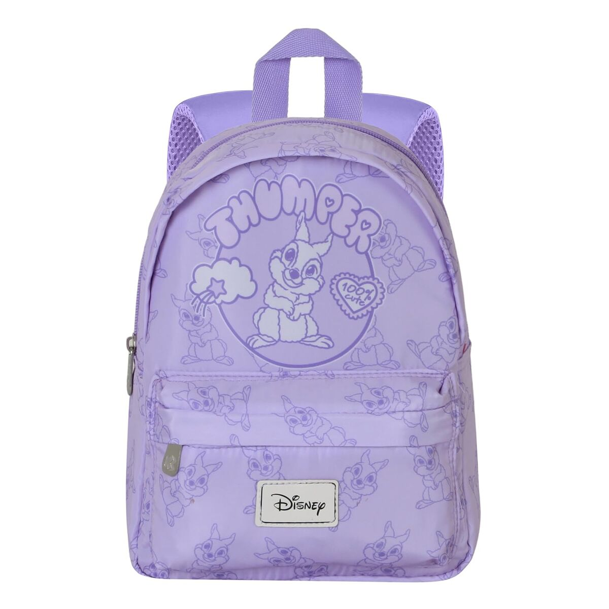 Ein lila Rucksack mit Thumper aus Bambi. Er hat eine Thumper-Grafik und das Disney-Logo. Die Tasche hat einen Griff und Träger.