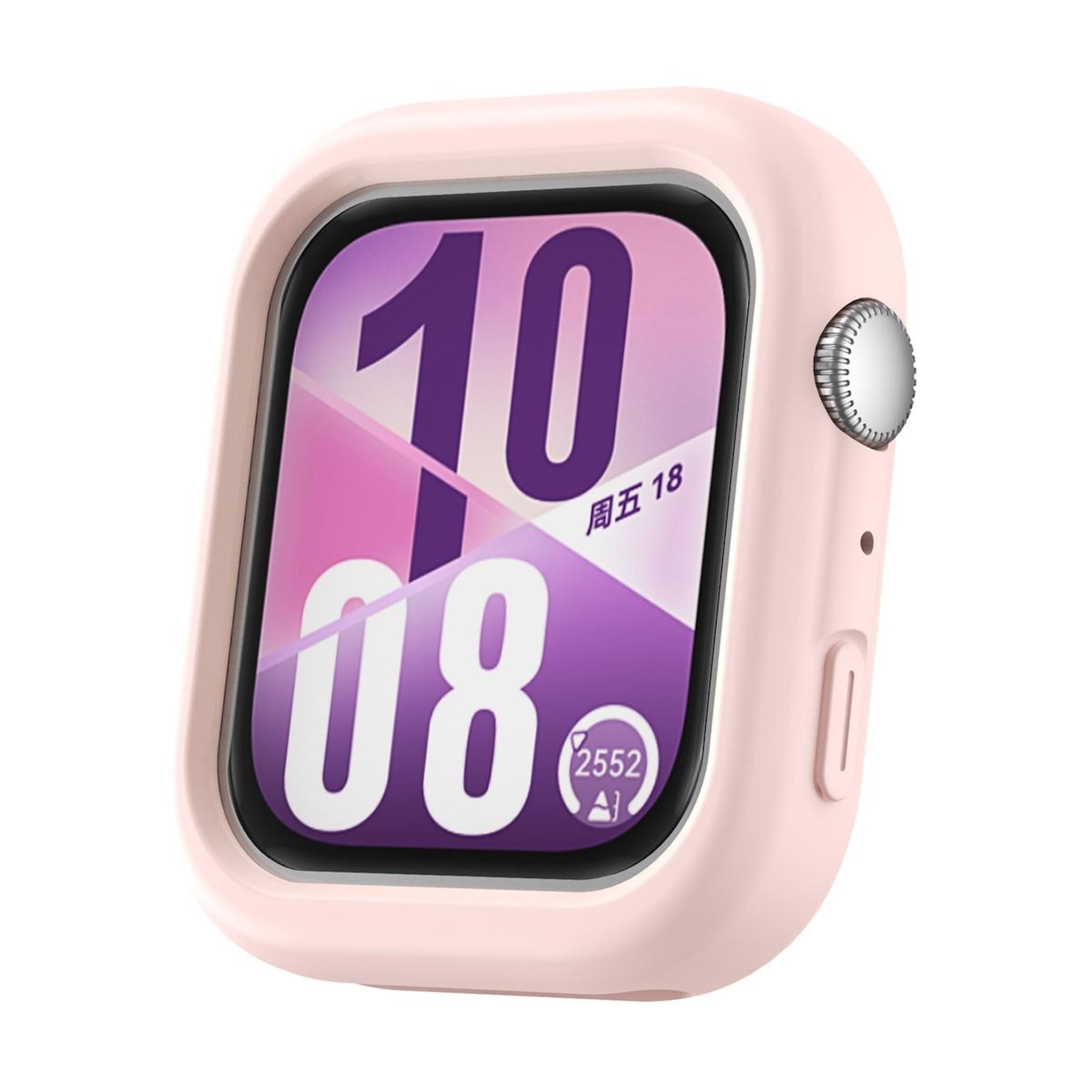 Custodia per smartwatch rosa con display digitale che mostra l'ora, con un pulsante argentato laterale.