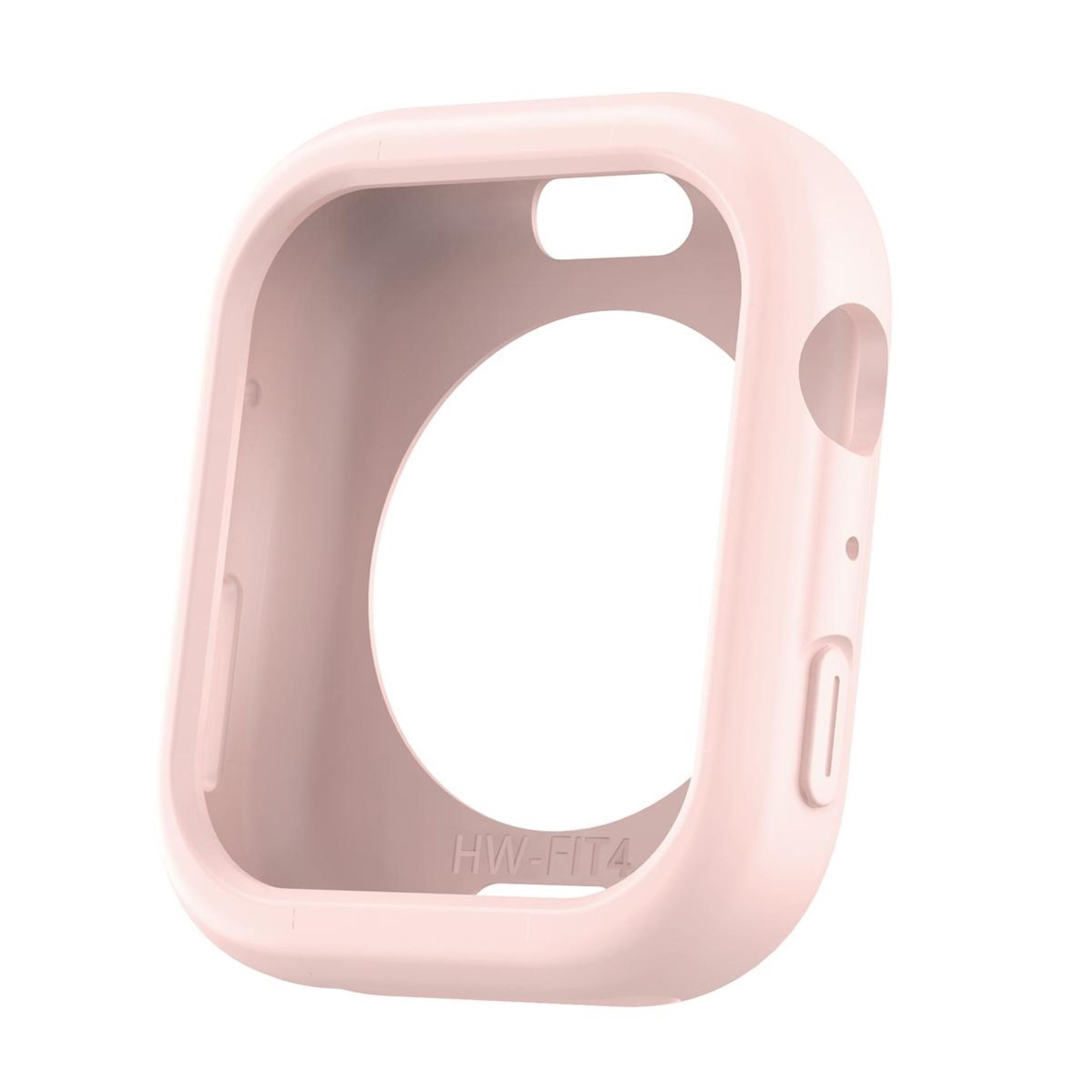 Una custodia per orologio rosa chiaro, con ritagli. Le parole HW-FIT4 sono visibili.