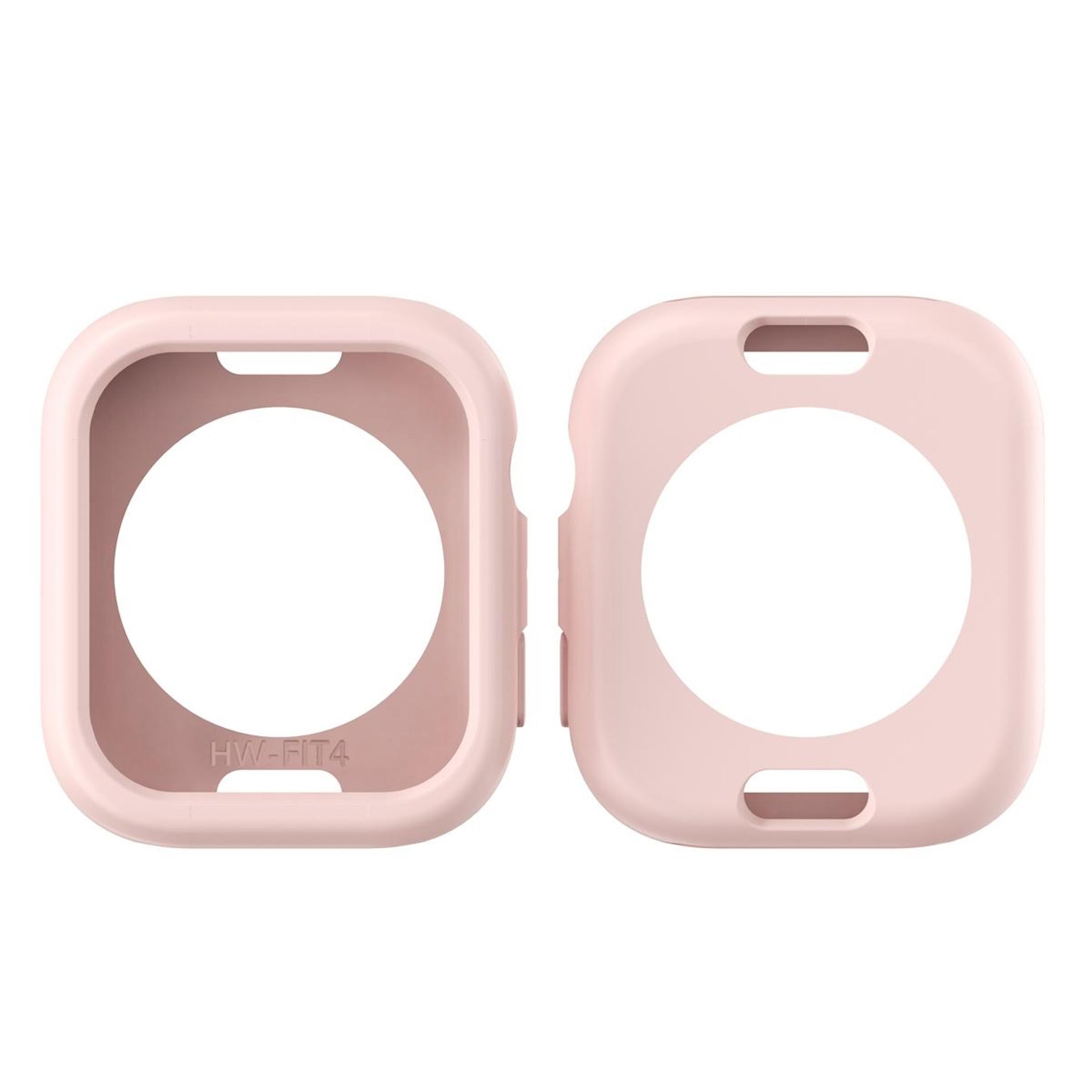 Due custodie per orologi rosa sono fianco a fianco. Ognuna ha una grande apertura circolare. Una custodia recita 'HW-FIT4'.