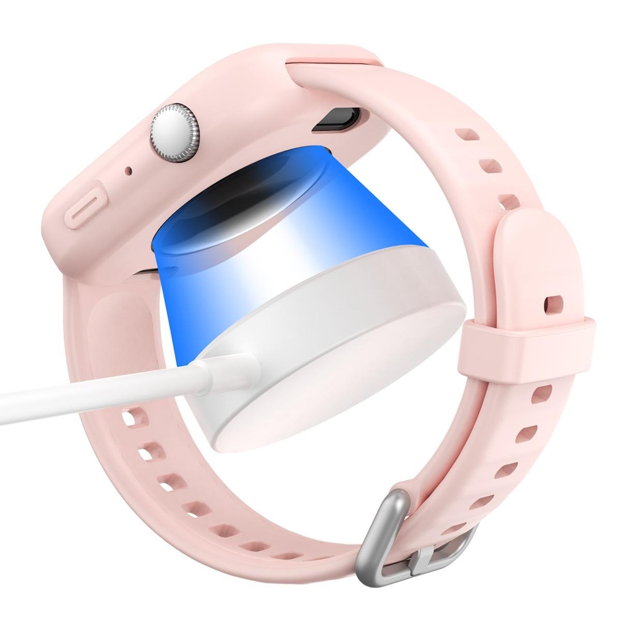 Smartwatch rosa collegato a un caricabatterie bianco. Il cinturino è ad anello. Sfondo bianco.