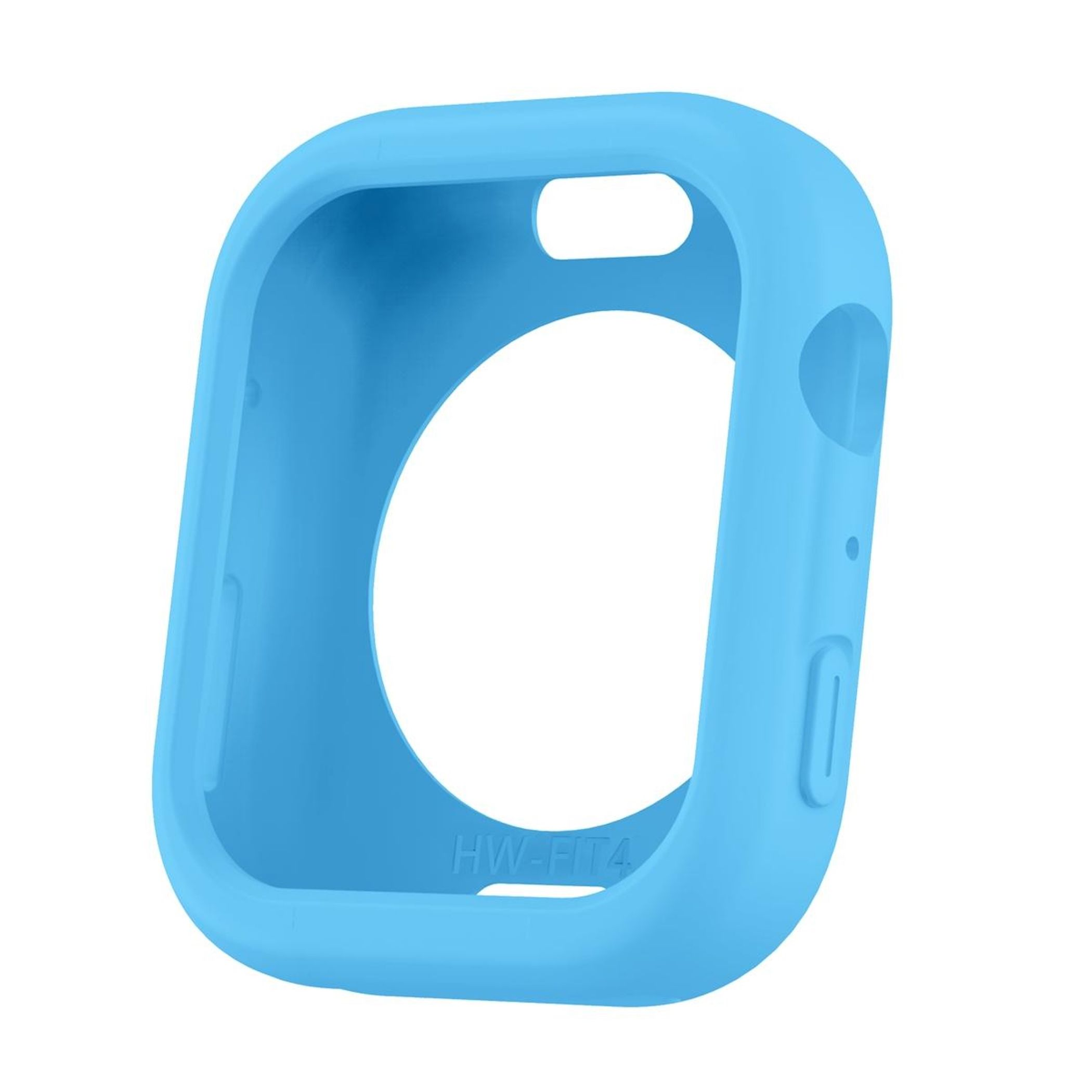 Una custodia in silicone azzurro per smartwatch, con fori per schermo e pulsanti. Il testo "HW-FIT4" è visibile.