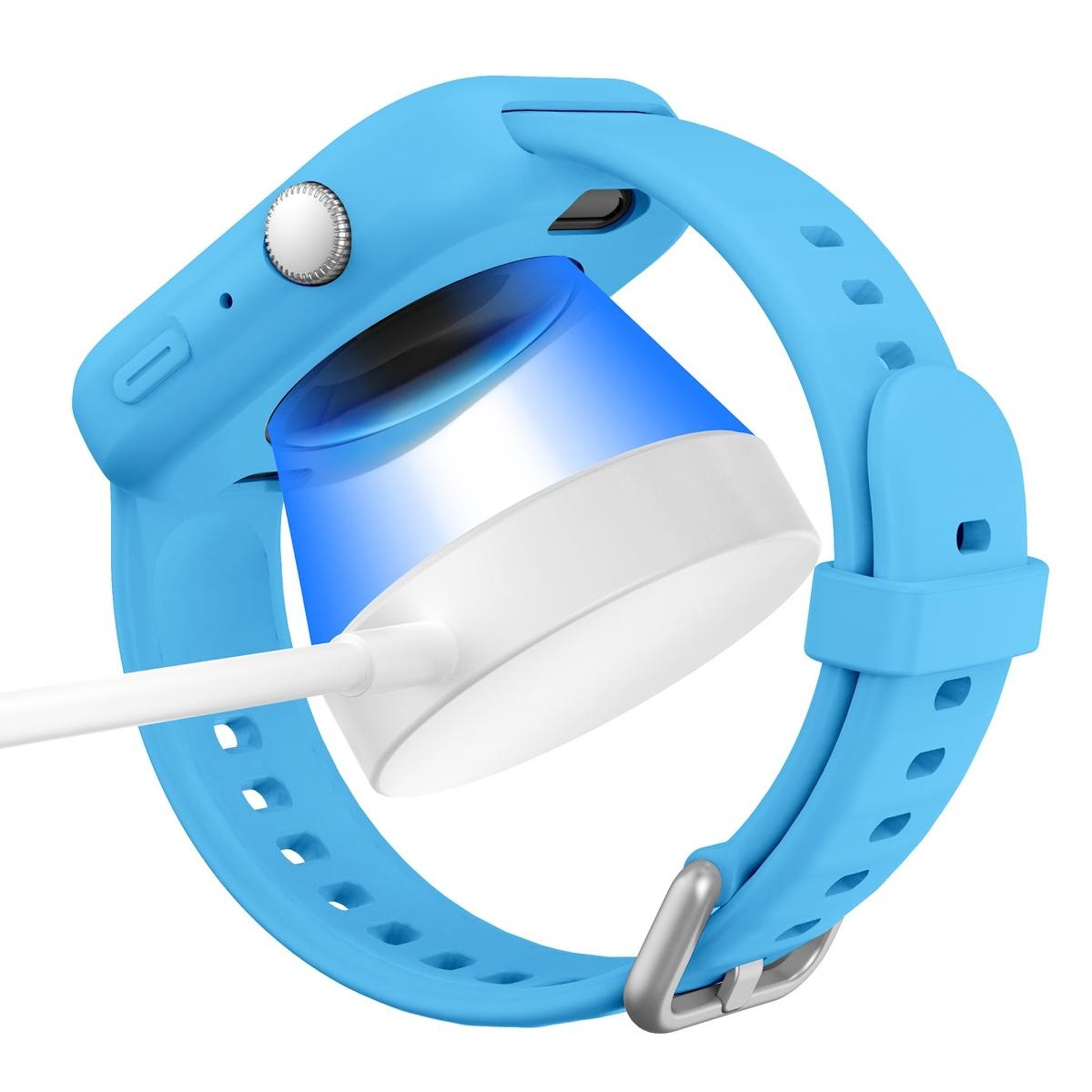 Uno smartwatch blu su un caricatore. L'orologio ha un cinturino blu e una base di ricarica bianca.