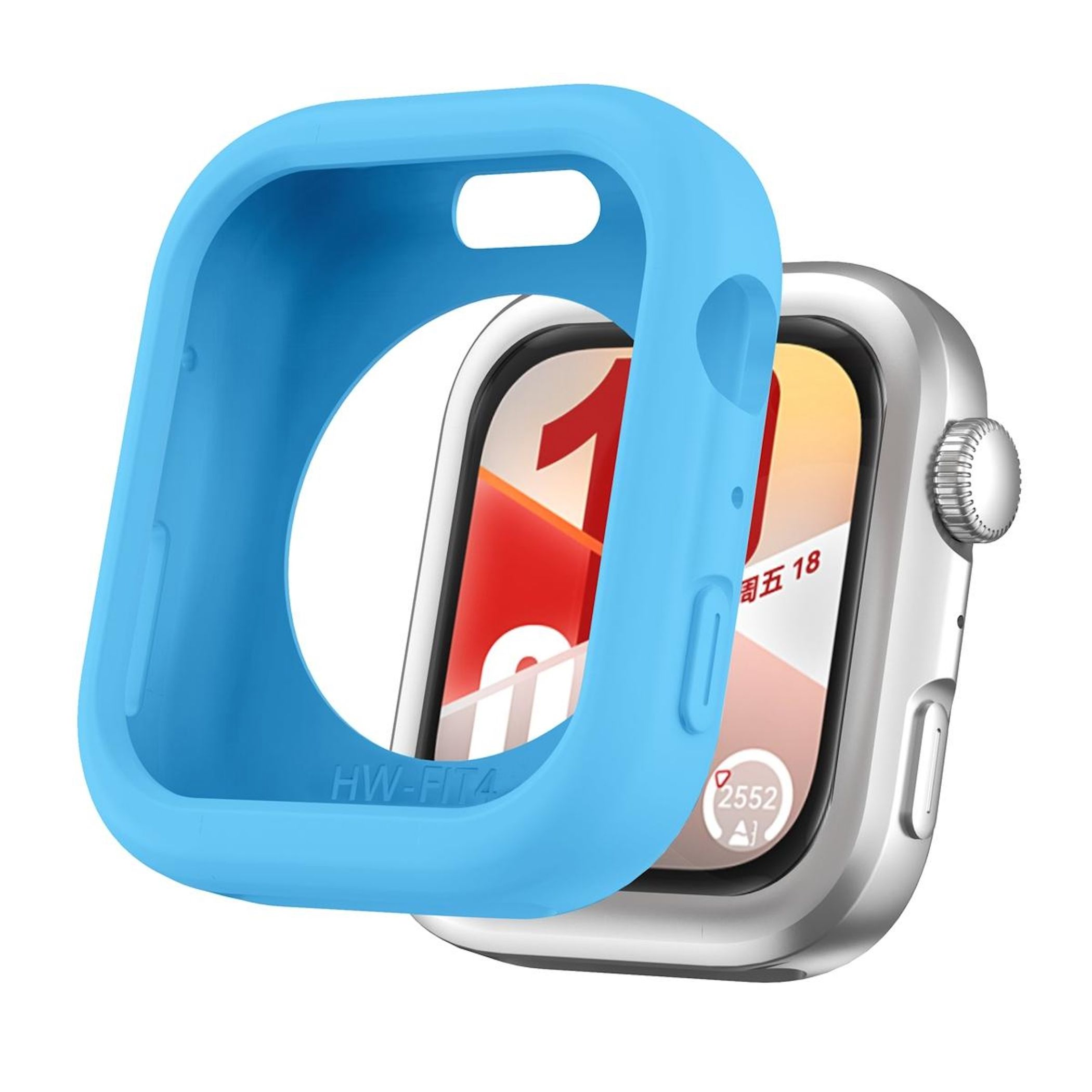 Un Apple Watch argento, con custodia protettiva blu. Il quadrante mostra numeri e caratteri cinesi.