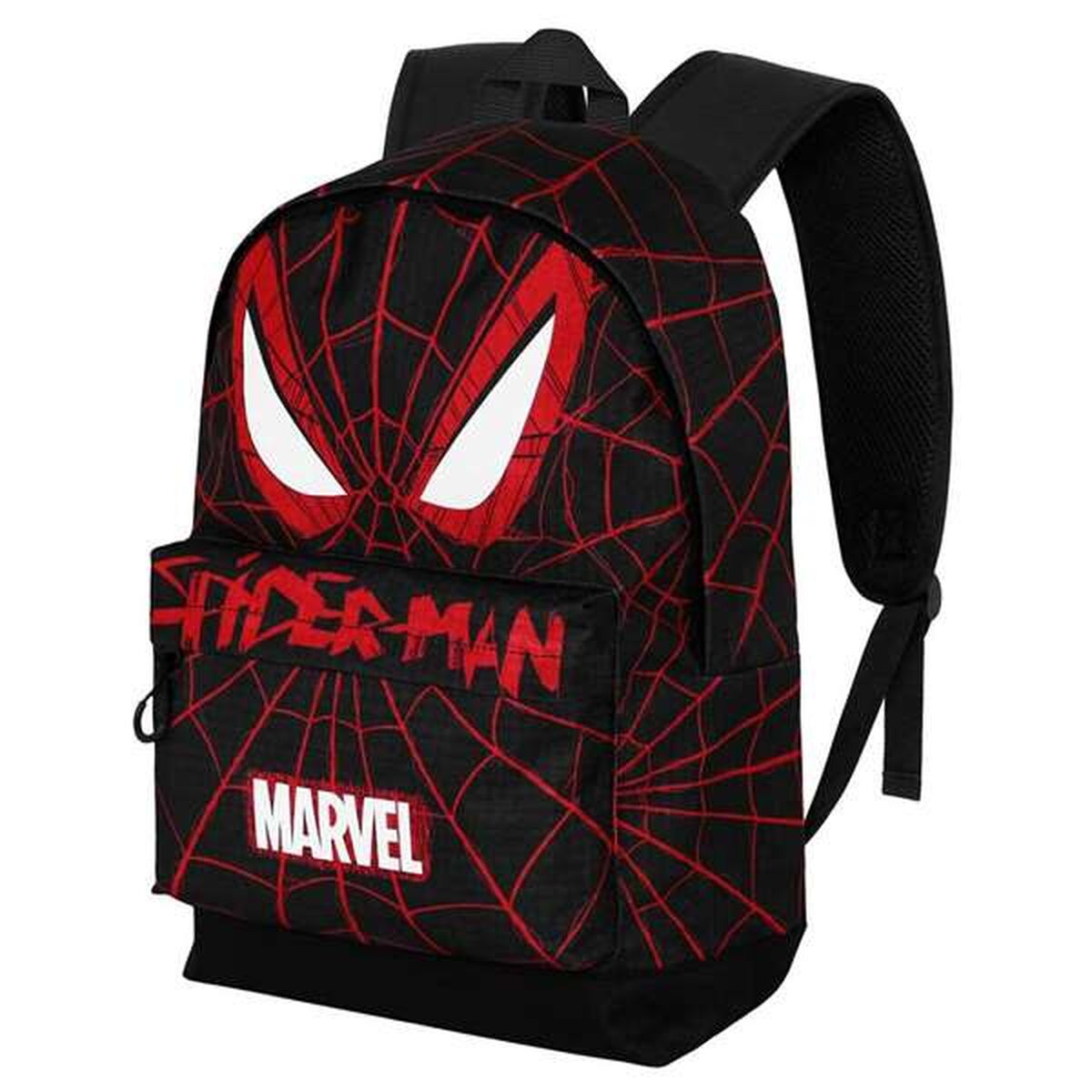 Schwarzer Spider-Man-Rucksack mit rotem Spinnennetz-Design, roten Augen und 'Spider-Man'- und 'Marvel'-Logos. Schwarze Riemen und Boden.