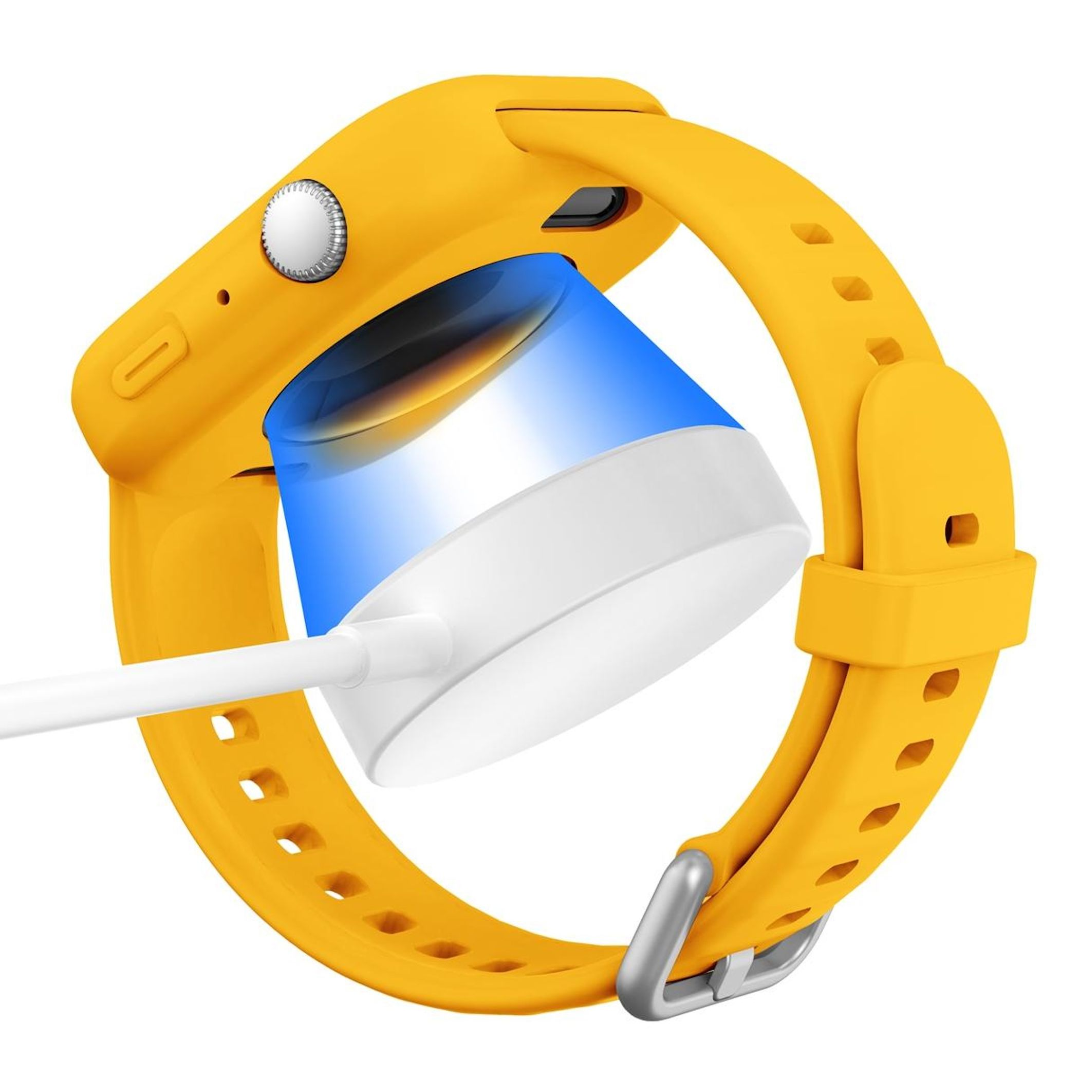 Smartwatch giallo su bianco. L'orologio si carica con un caricatore bianco. Il cinturino è giallo con fibbia argentata.