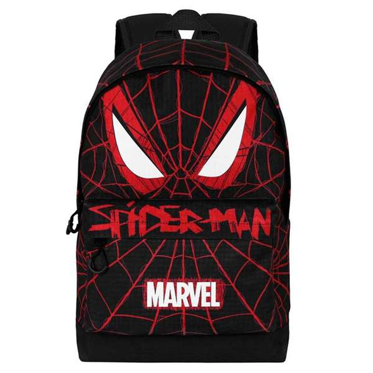 Schwarzer Rucksack mit rotem Spinnennetz-Design und Spider-Mans Augen. Das Marvel-Logo ist unten.