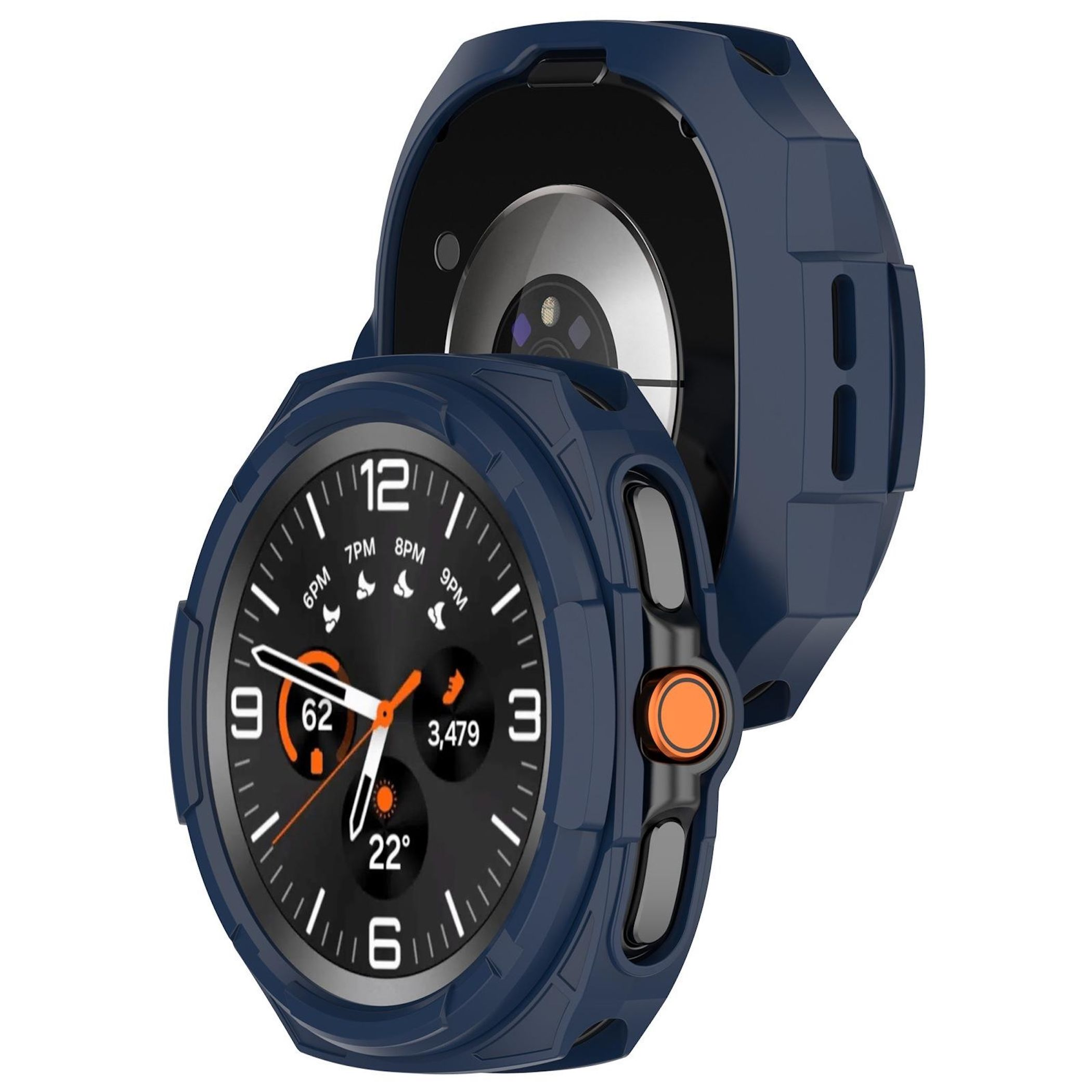 Smartwatch blu scuro con custodia protettiva blu, mostra ora, passi e temperatura. Accenti arancioni.