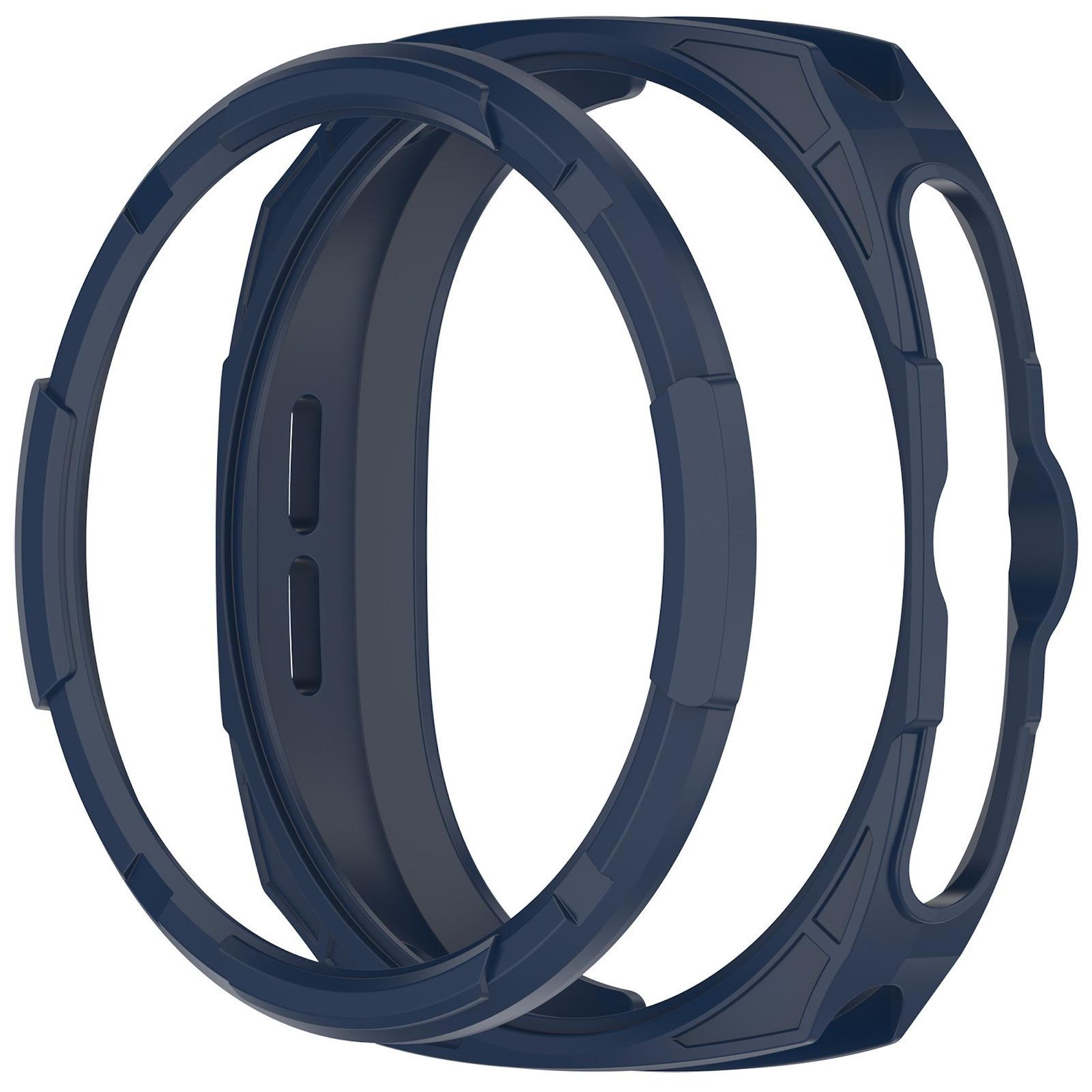 Due lunette blu navy. Una è annidata nell'altra. Entrambe presentano disegni geometrici e forme.