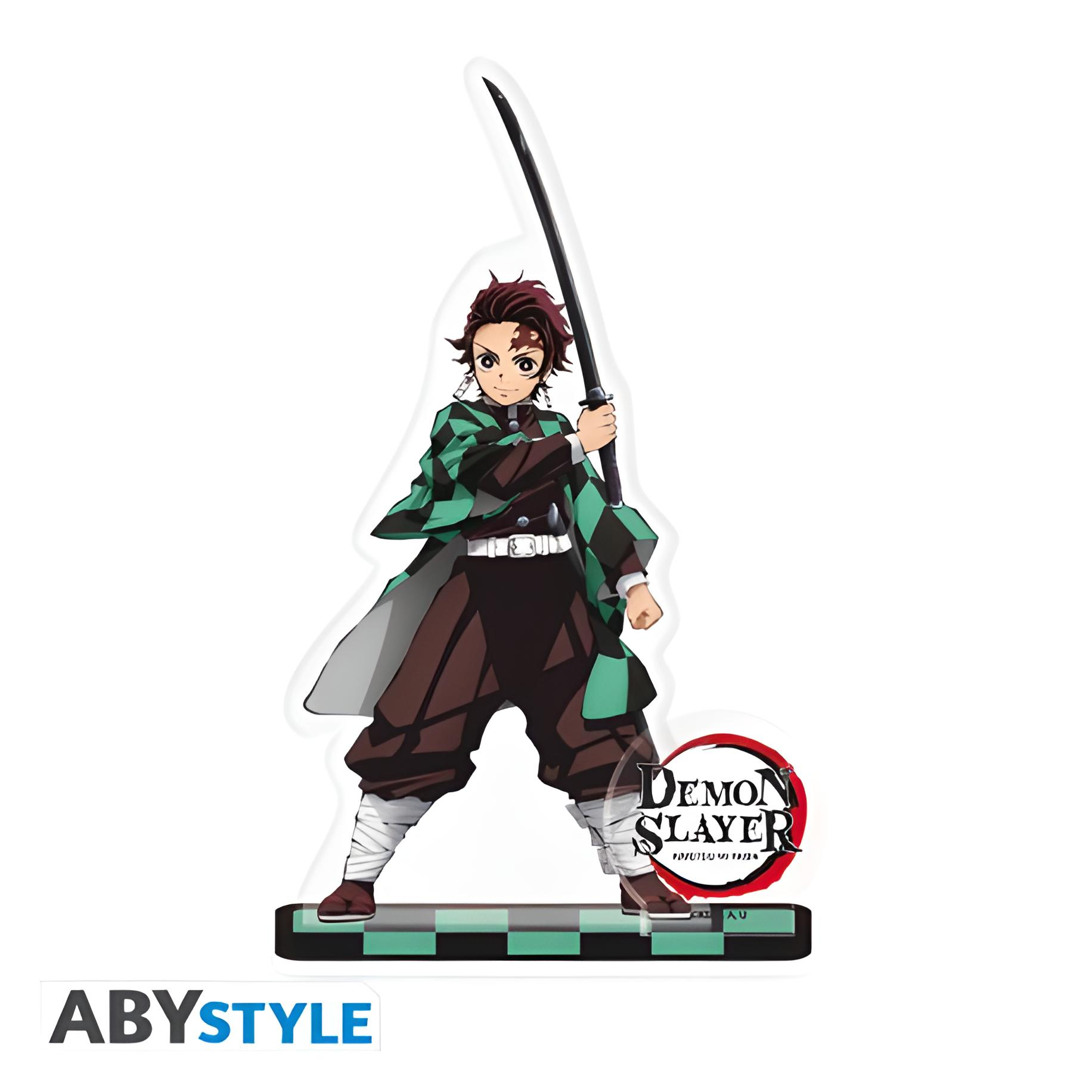 Anime-Figur einer Figur, die ein Schwert hält. Er trägt einen grün-schwarz karierten Mantel und eine braune Hose. Demon Slayer Logo.