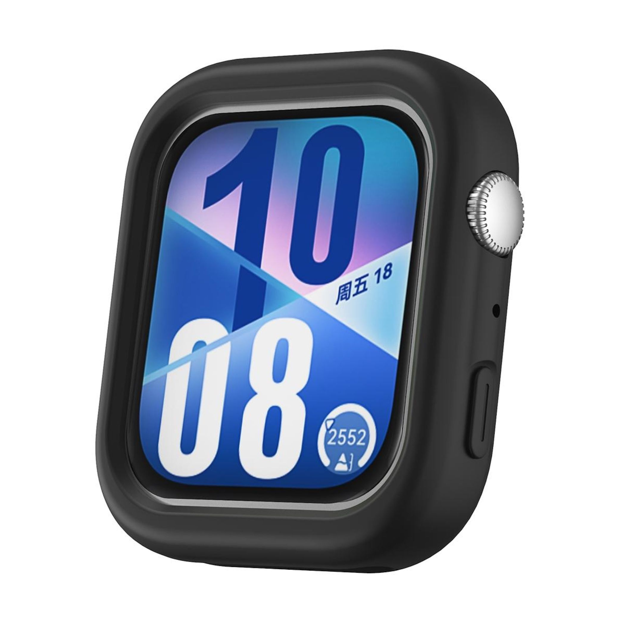 Uno smartwatch nero con schermo che mostra l'ora 10:08. L'orologio è in una custodia nera, con un pulsante argentato.