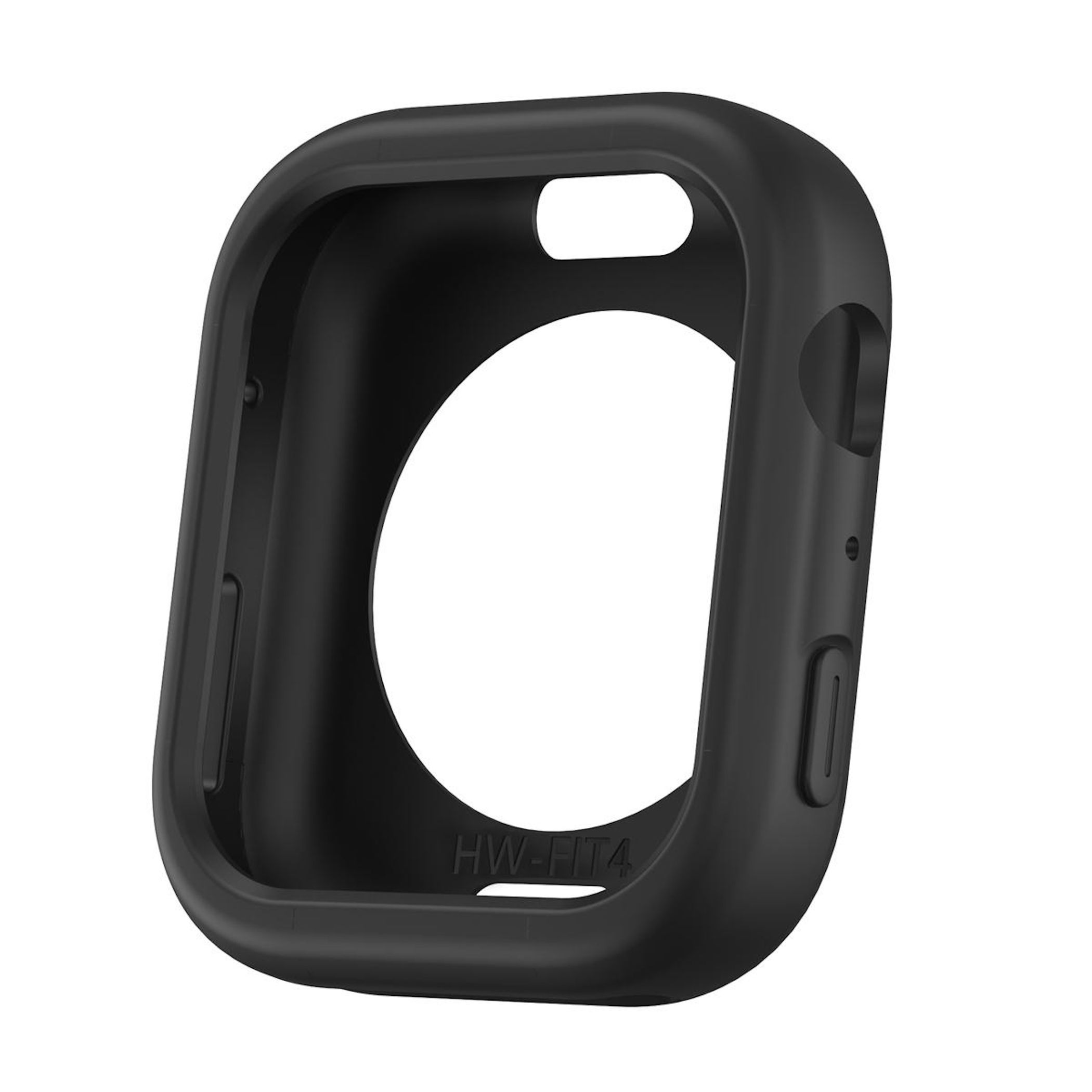Una cassa per orologio nera con un centro aperto. La cassa ha bordi arrotondati. Il testo 'HW-FIT4' è visibile.