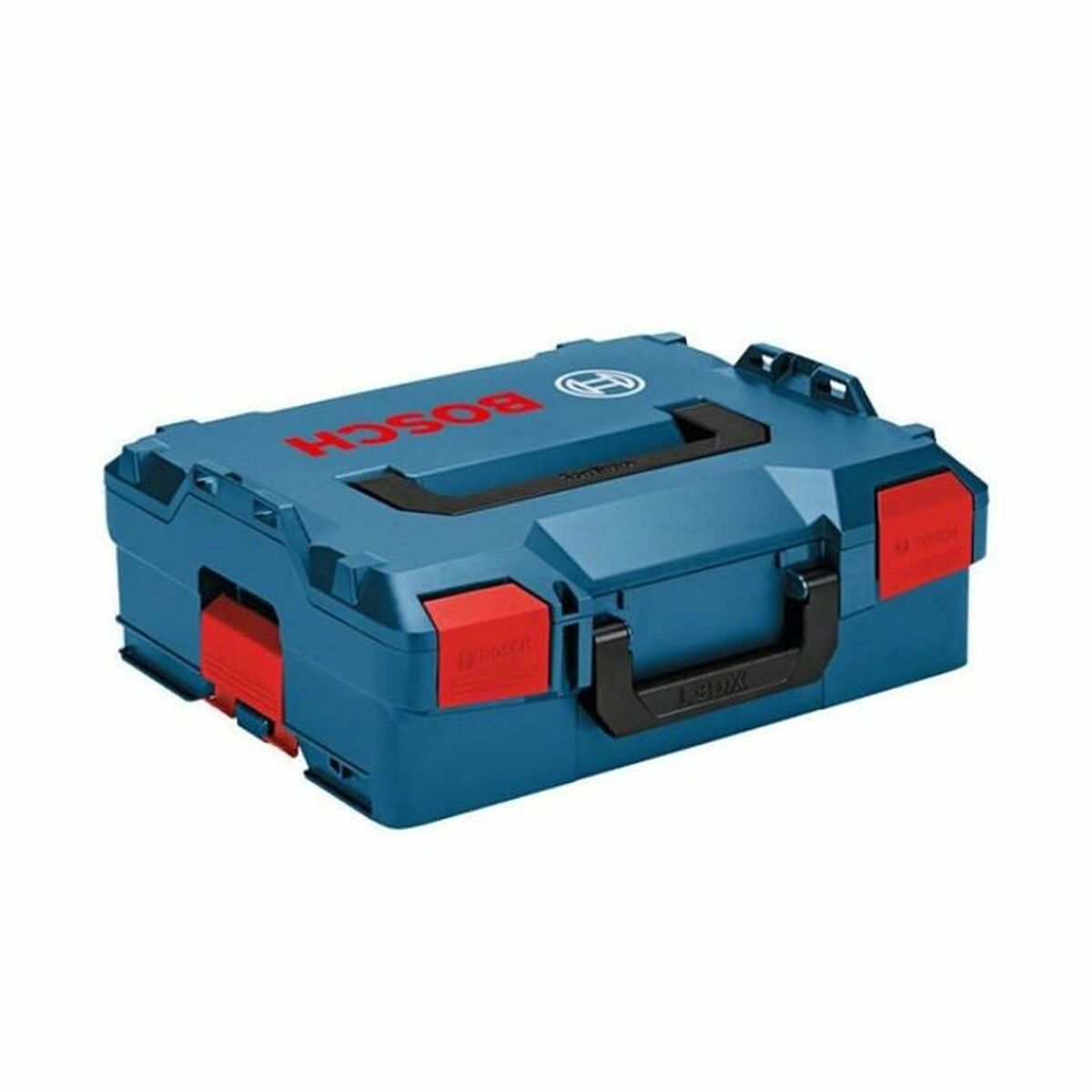 Eine blaue Bosch-Werkzeugbox mit roten Akzenten. Das Bosch-Logo ist sichtbar. Sie hat einen schwarzen Griff und Verschlüsse.