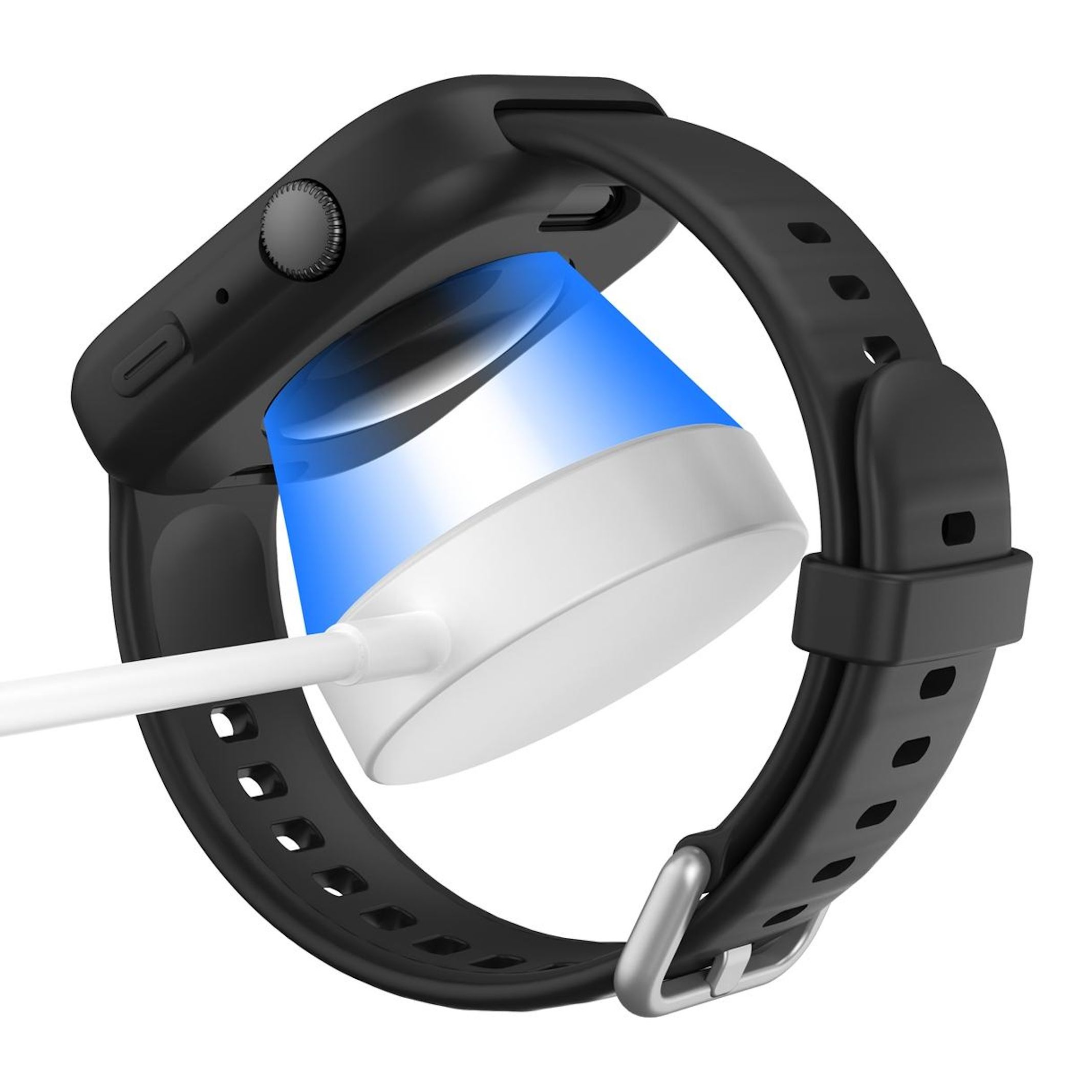 Smartwatch nero su base di ricarica bianca. Il cinturino è nero. Un cavo bianco è collegato.
