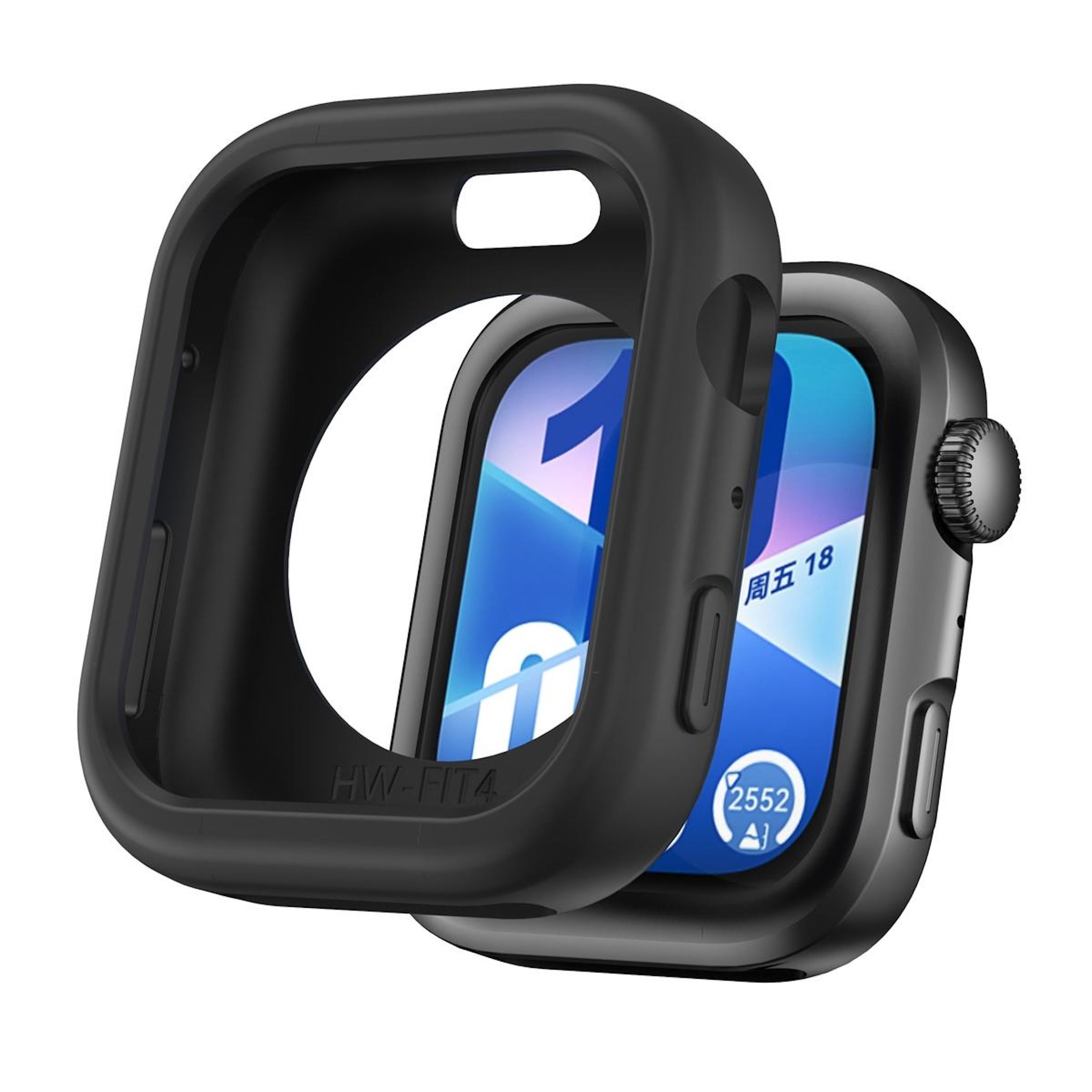 Una cassa nera per orologio circonda uno smartwatch, che mostra uno schermo blu con numeri bianchi e una cassa protettiva nera.