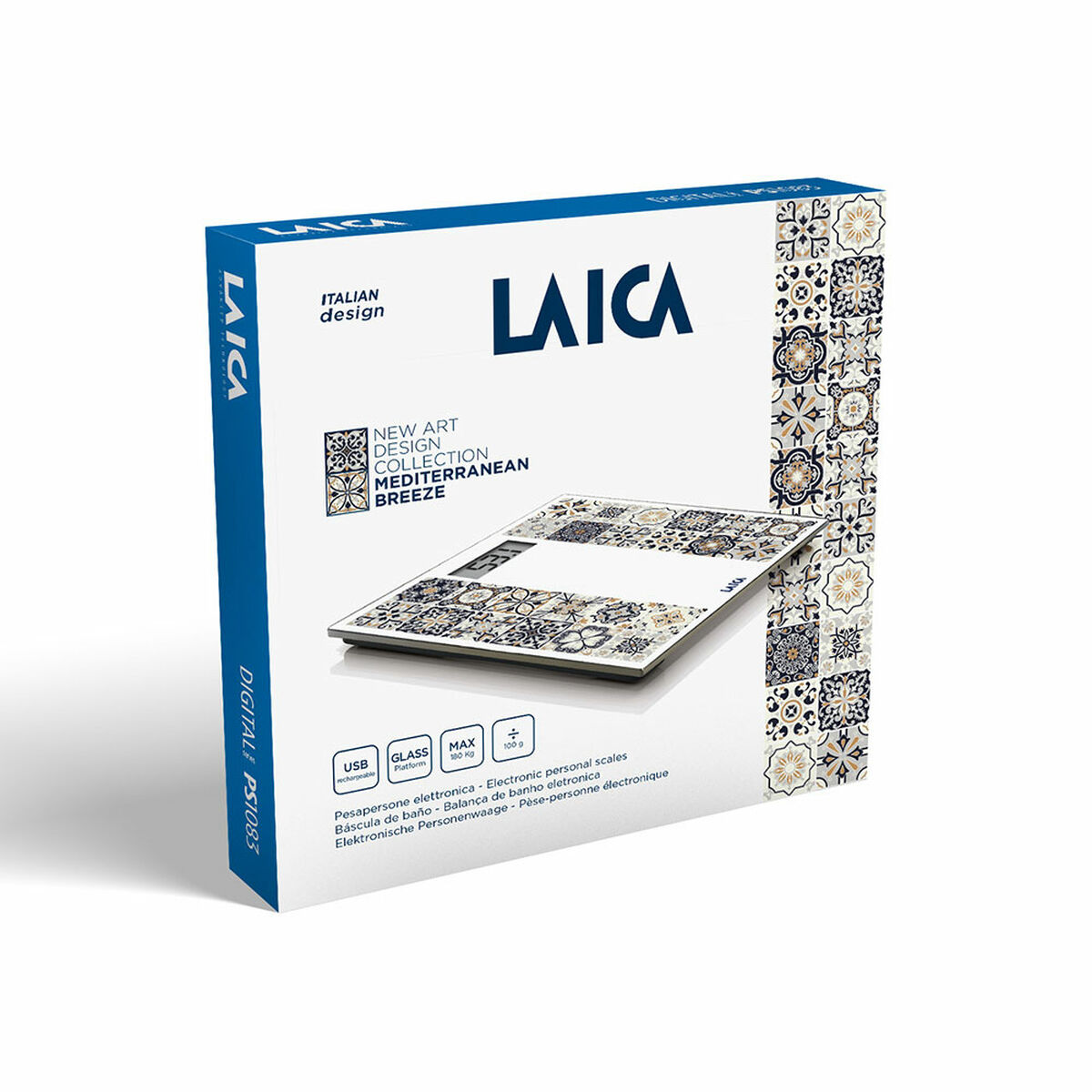Eine Schachtel mit Laica digitalen Badezimmerwaagen. Die Schachtel ist weiß und blau, die Waage hat eine gemusterte Oberfläche.